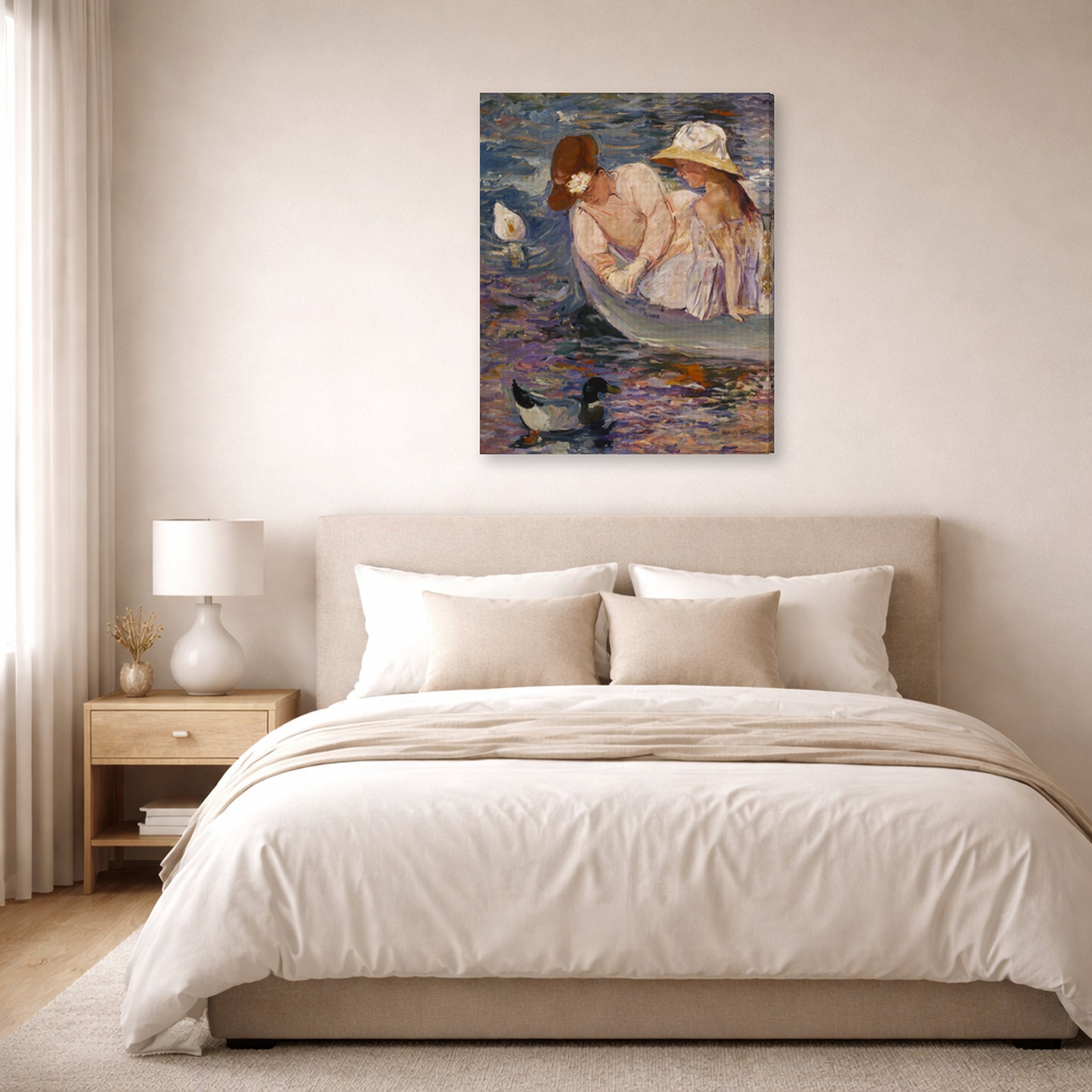 Gallery-wrapped canvas print of Mary Cassatt's Summertime displayed on a wall in a bedroom