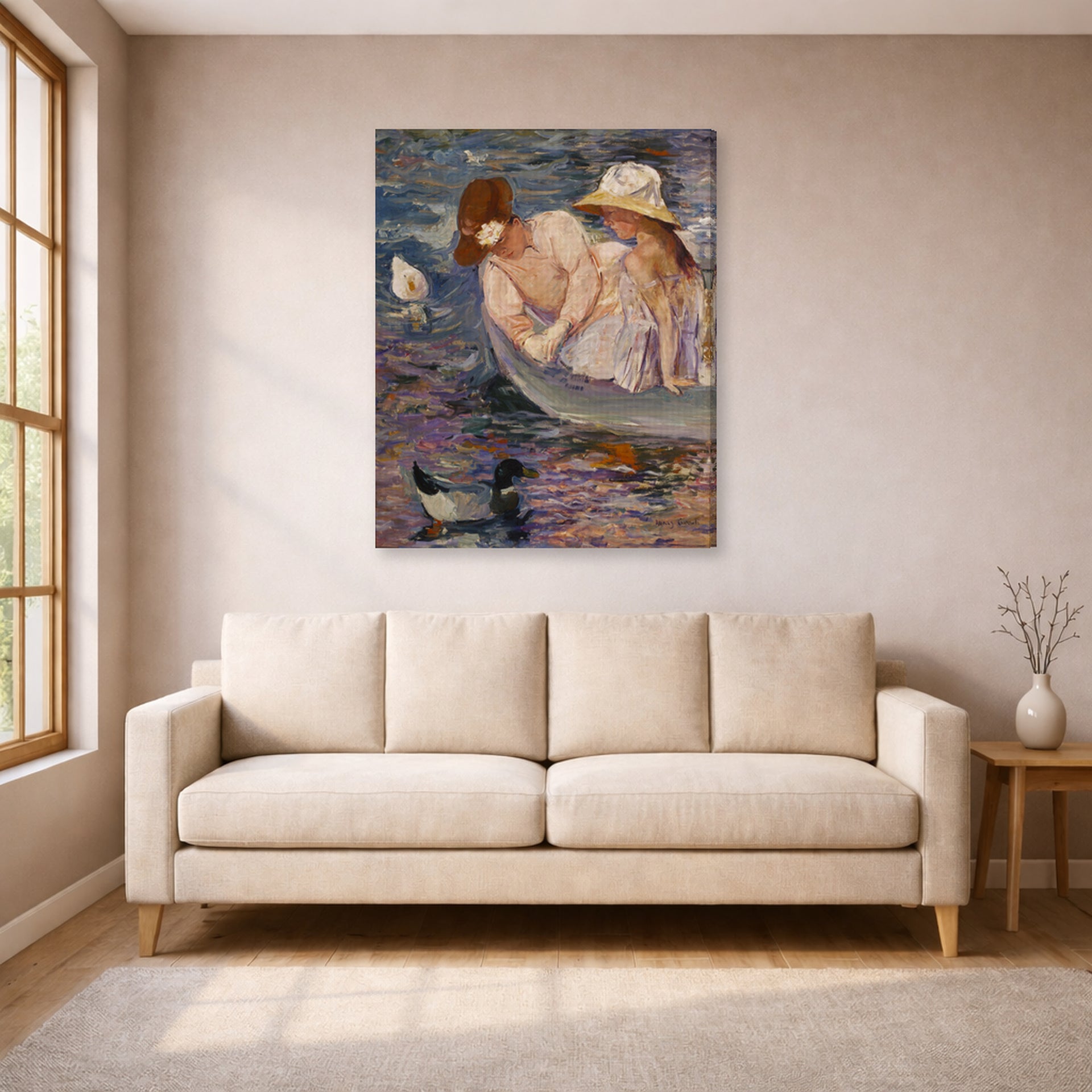 Gallery-wrapped canvas print of Mary Cassatt's Summertime displayed on a wall in a living room