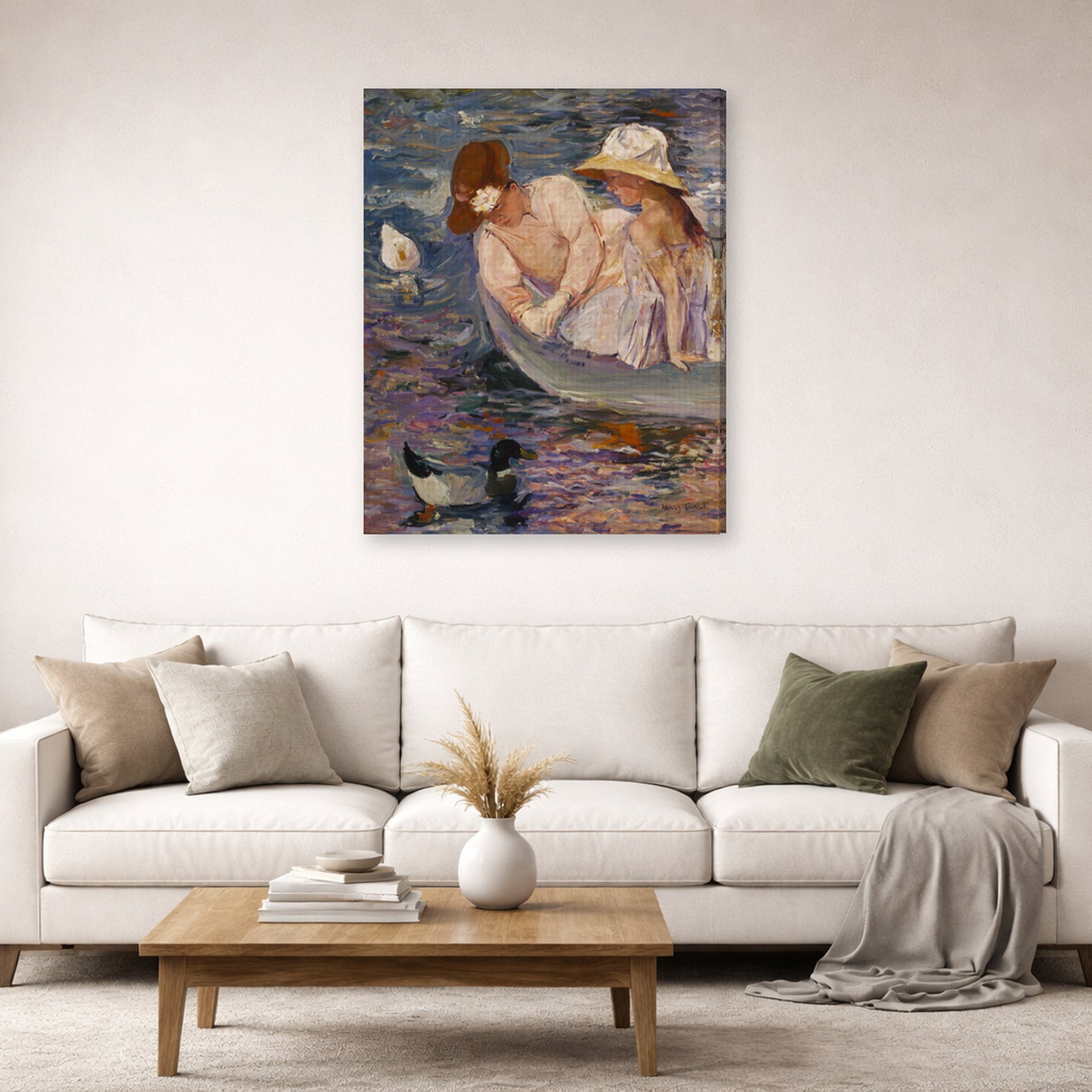 Gallery-wrapped canvas print of Mary Cassatt's Summertime displayed on a wall in a living room