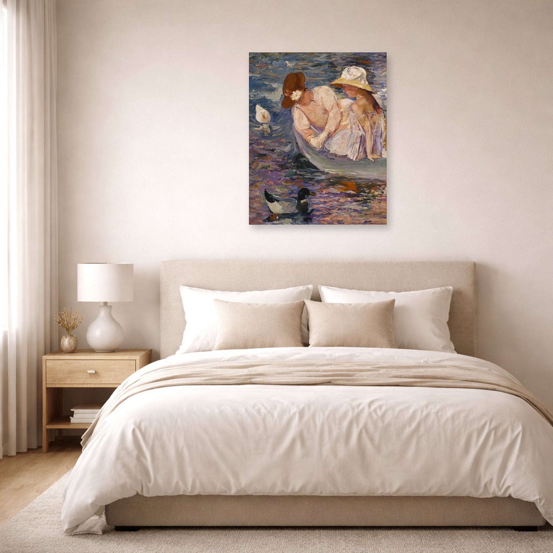 Unframed poster print of Mary Cassatt's Summertime displayed on a wall in a bedroom