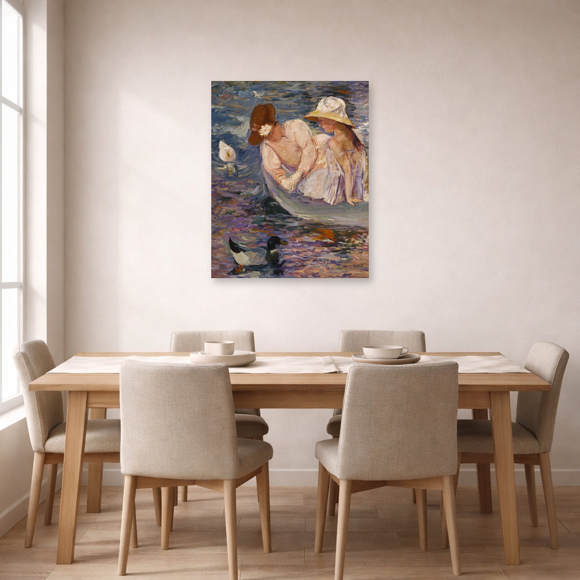 Unframed poster print of Mary Cassatt's Summertime displayed on a wall in a dining room