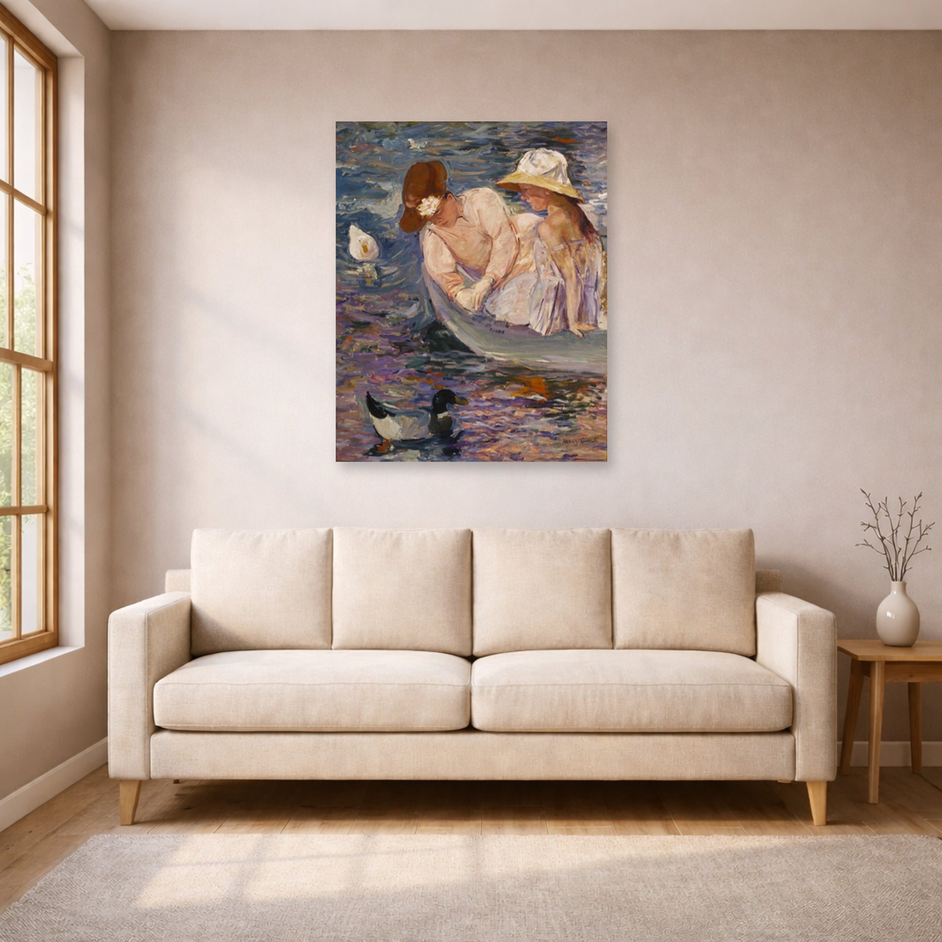 Unframed poster print of Mary Cassatt's Summertime displayed on a wall in a living room