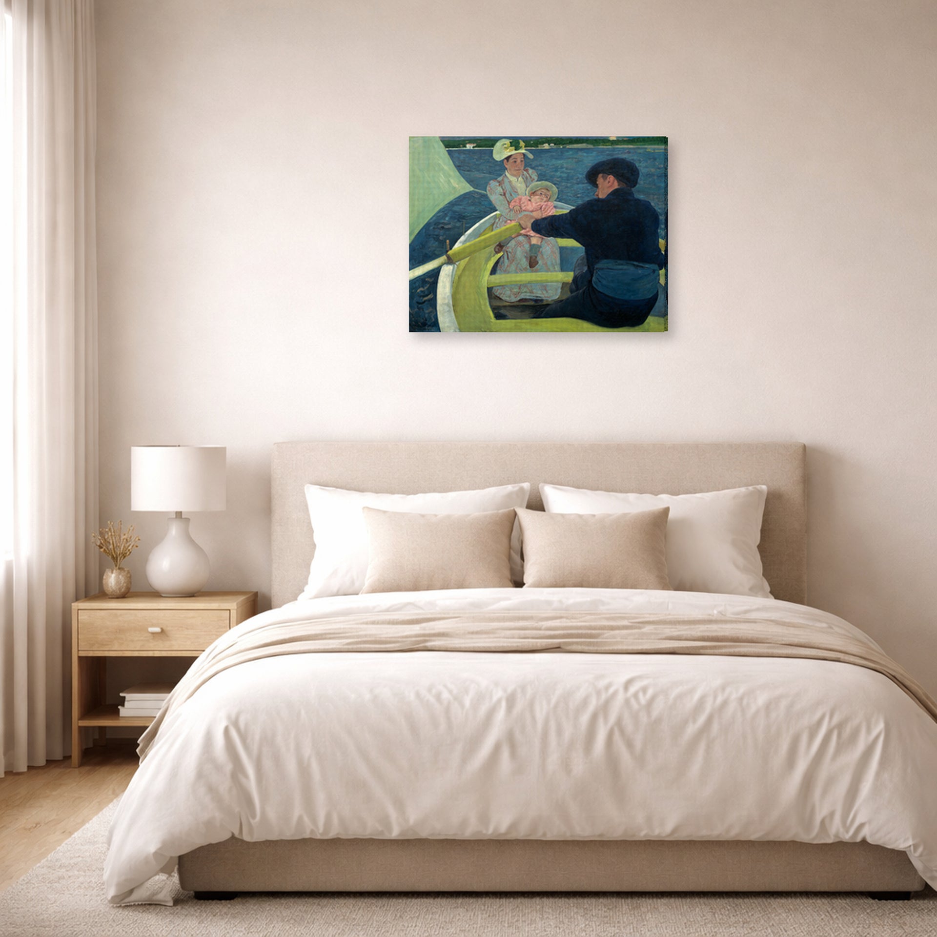 Gallery-wrapped canvas print of Mary Cassatt's The Boating Party displayed on a wall in a bedroom