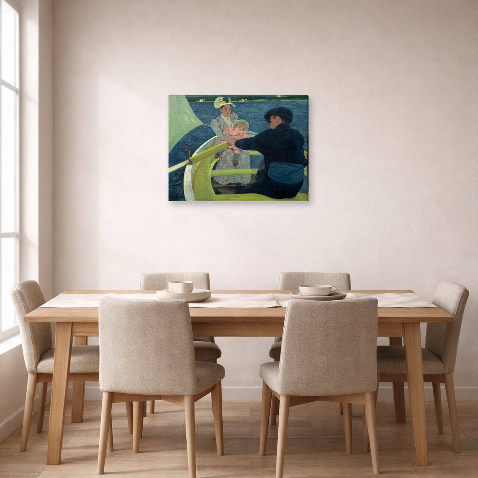 Gallery-wrapped canvas print of Mary Cassatt's The Boating Party displayed on a wall in a dining room