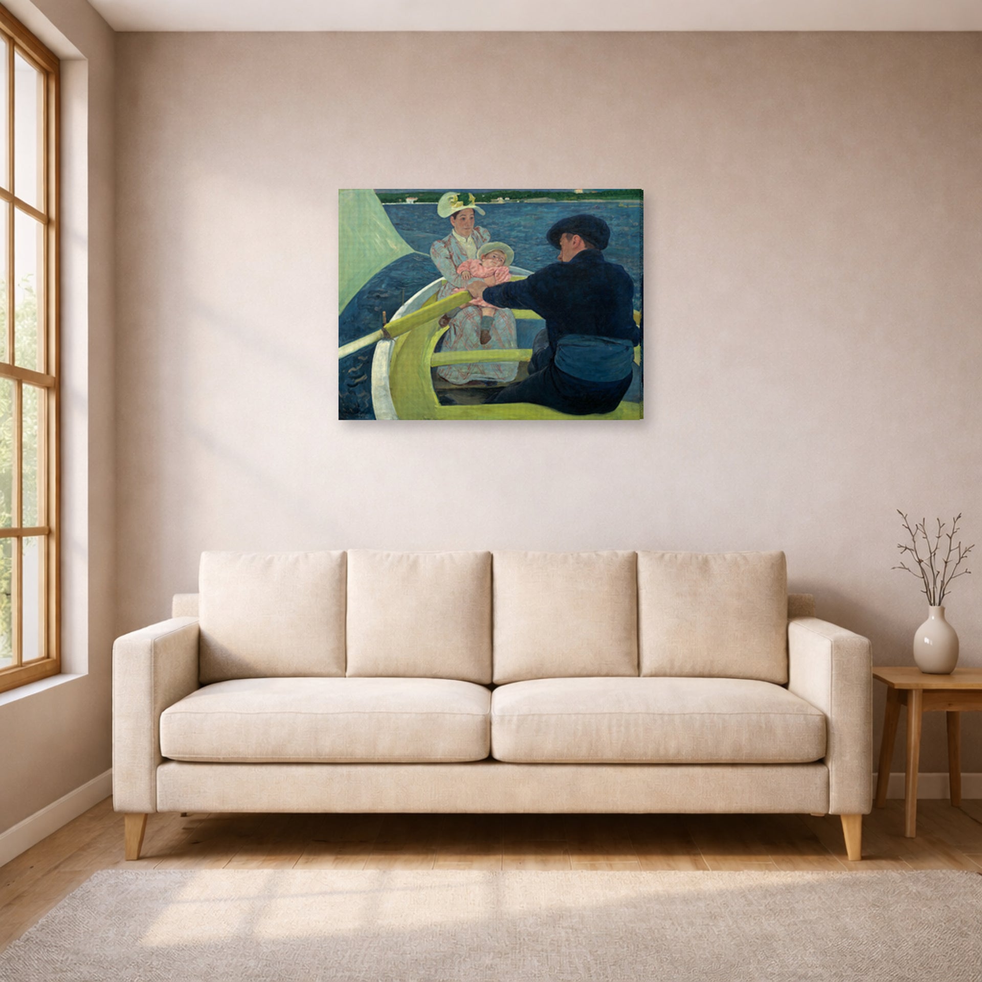 Gallery-wrapped canvas print of Mary Cassatt's The Boating Party displayed on a wall in a living room