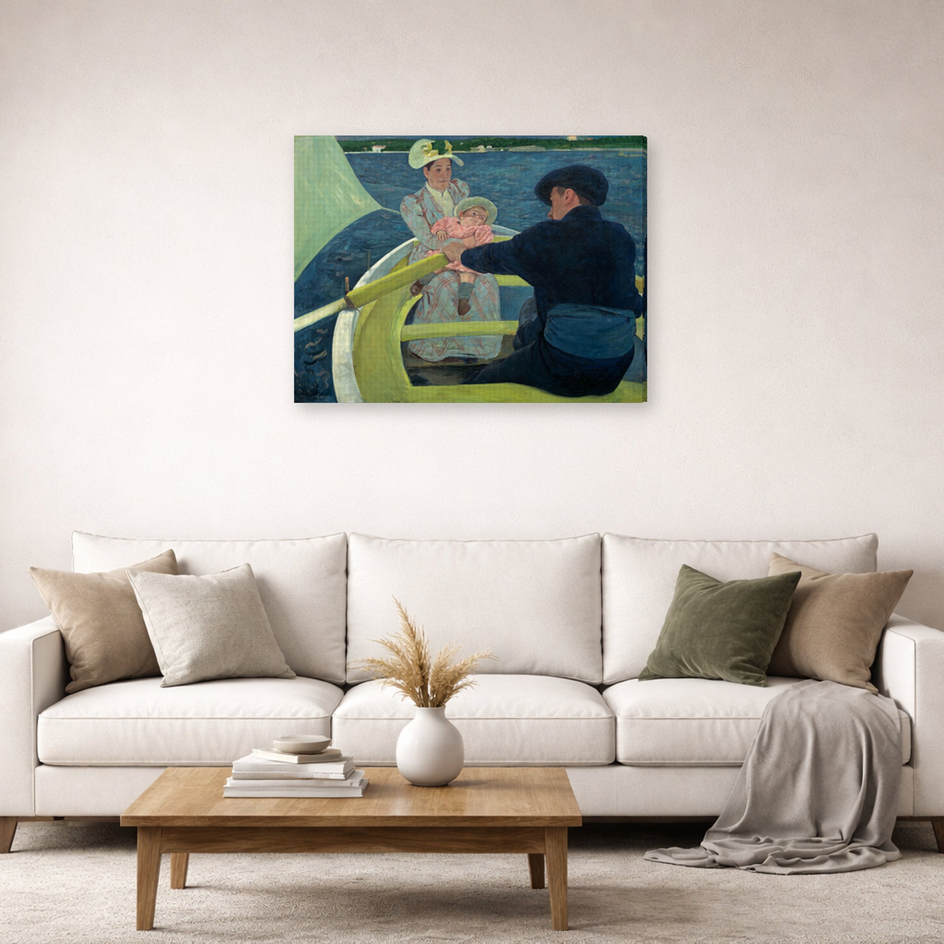 Gallery-wrapped canvas print of Mary Cassatt's The Boating Party displayed on a wall in a living room