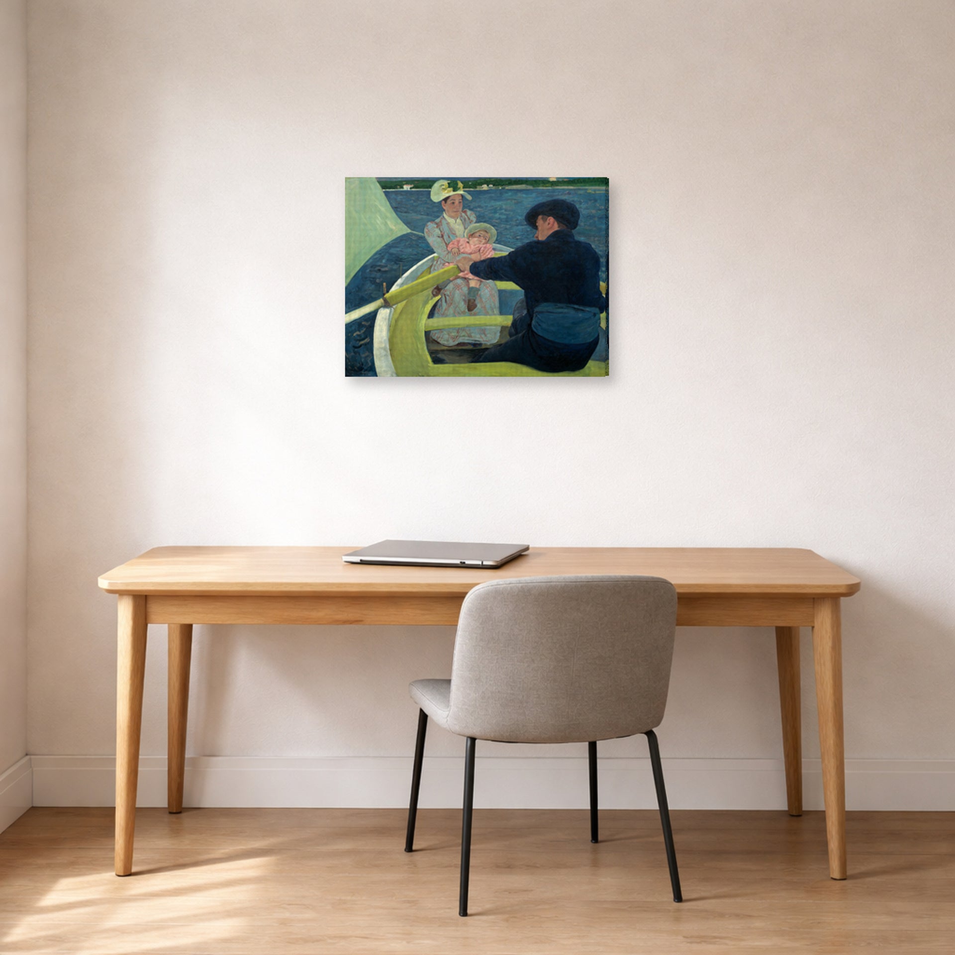 Gallery-wrapped canvas print of Mary Cassatt's The Boating Party displayed on a wall in a office
