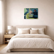 Unframed poster print of Mary Cassatt's The Boating Party displayed on a wall in a bedroom