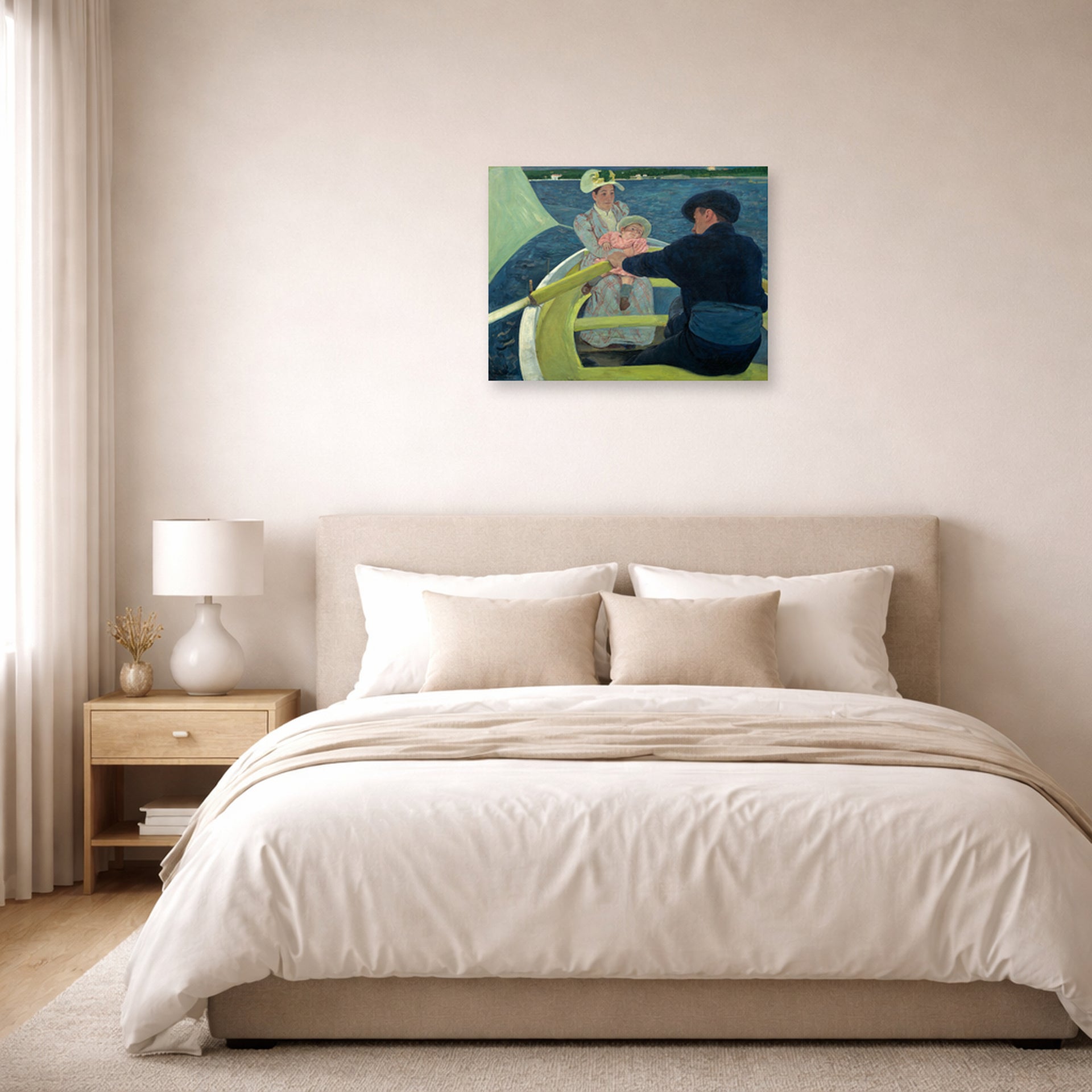 Unframed poster print of Mary Cassatt's The Boating Party displayed on a wall in a bedroom