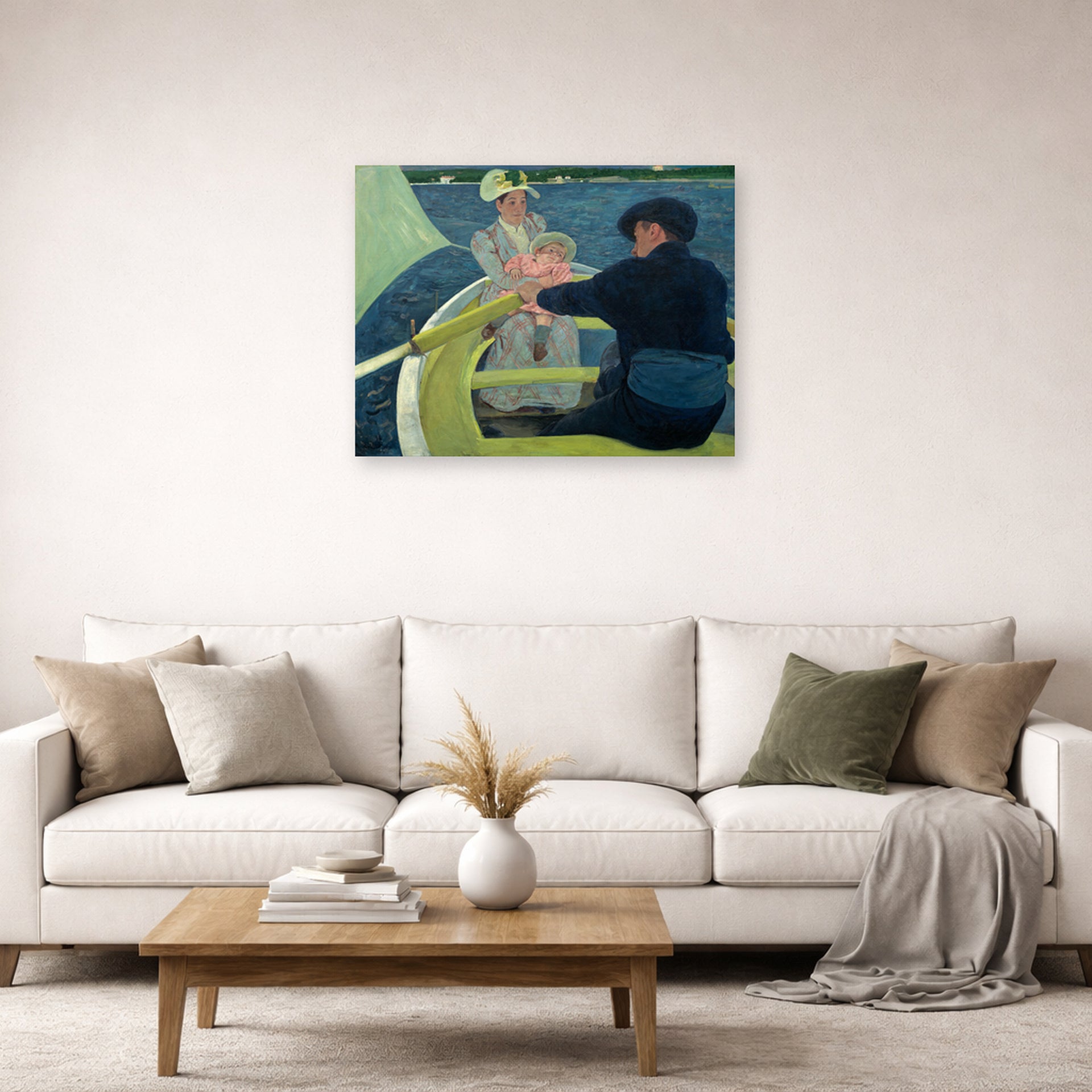 Unframed poster print of Mary Cassatt's The Boating Party displayed on a wall in a living room