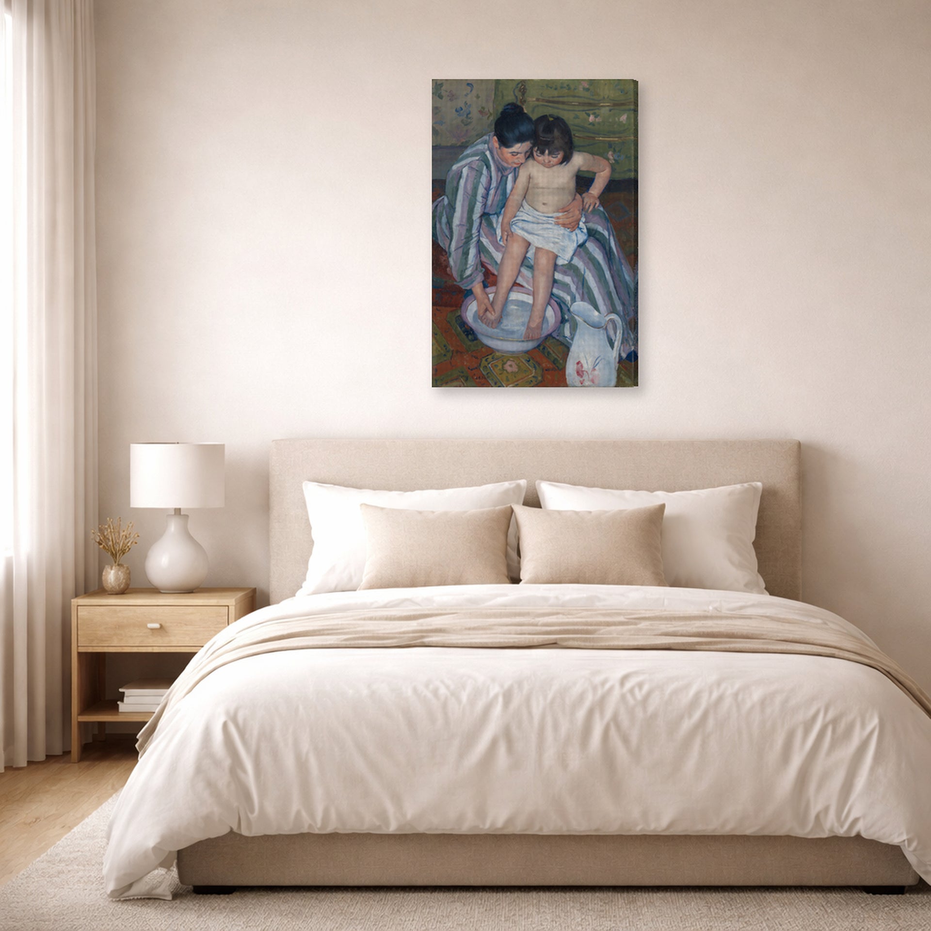 Gallery-wrapped canvas print of Mary Cassatt's The Childs Bath displayed on a wall in a bedroom