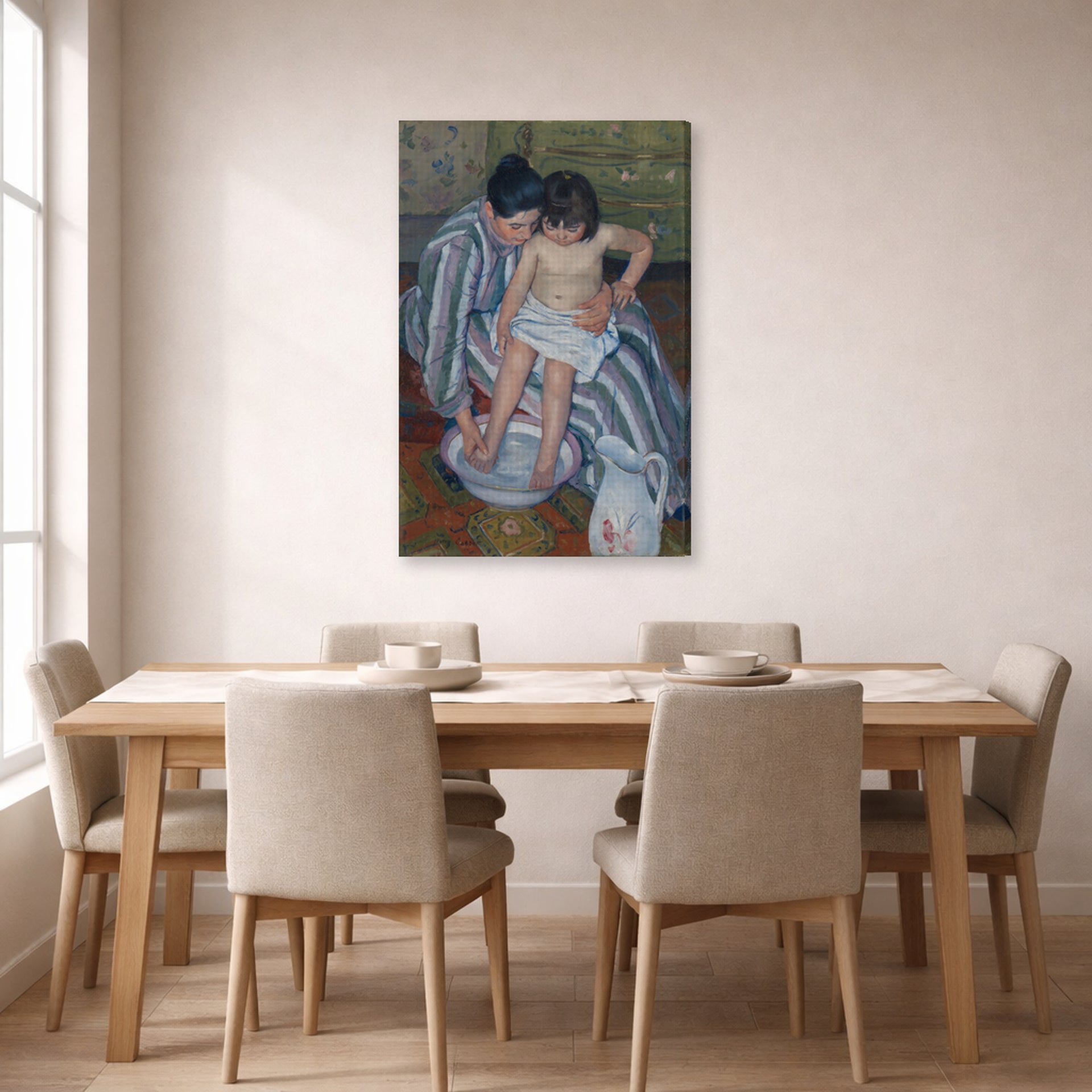 Gallery-wrapped canvas print of Mary Cassatt's The Childs Bath displayed on a wall in a dining room