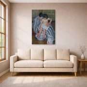 Gallery-wrapped canvas print of Mary Cassatt's The Childs Bath displayed on a wall in a living room