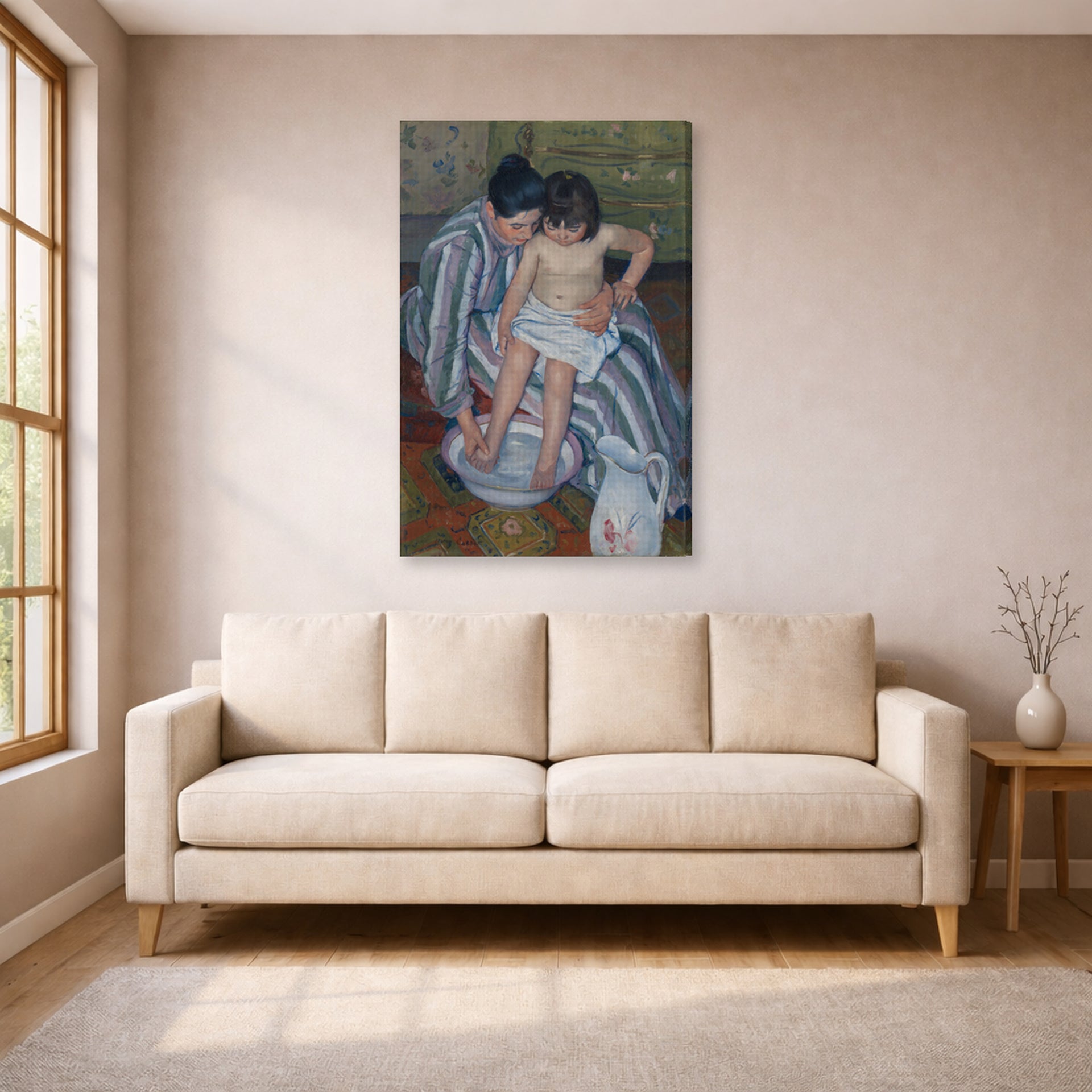 Gallery-wrapped canvas print of Mary Cassatt's The Childs Bath displayed on a wall in a living room
