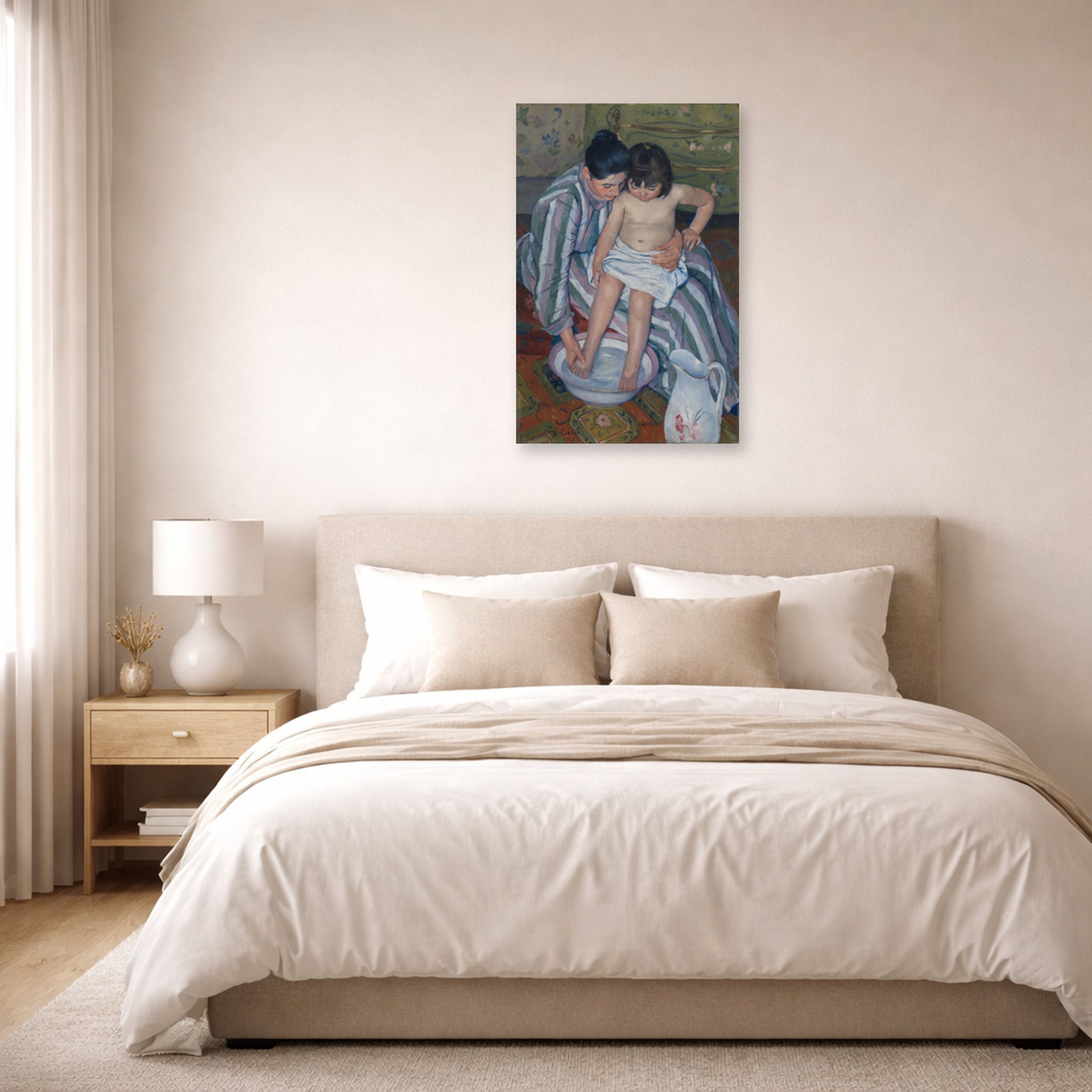Unframed poster print of Mary Cassatt's The Childs Bath displayed on a wall in a bedroom