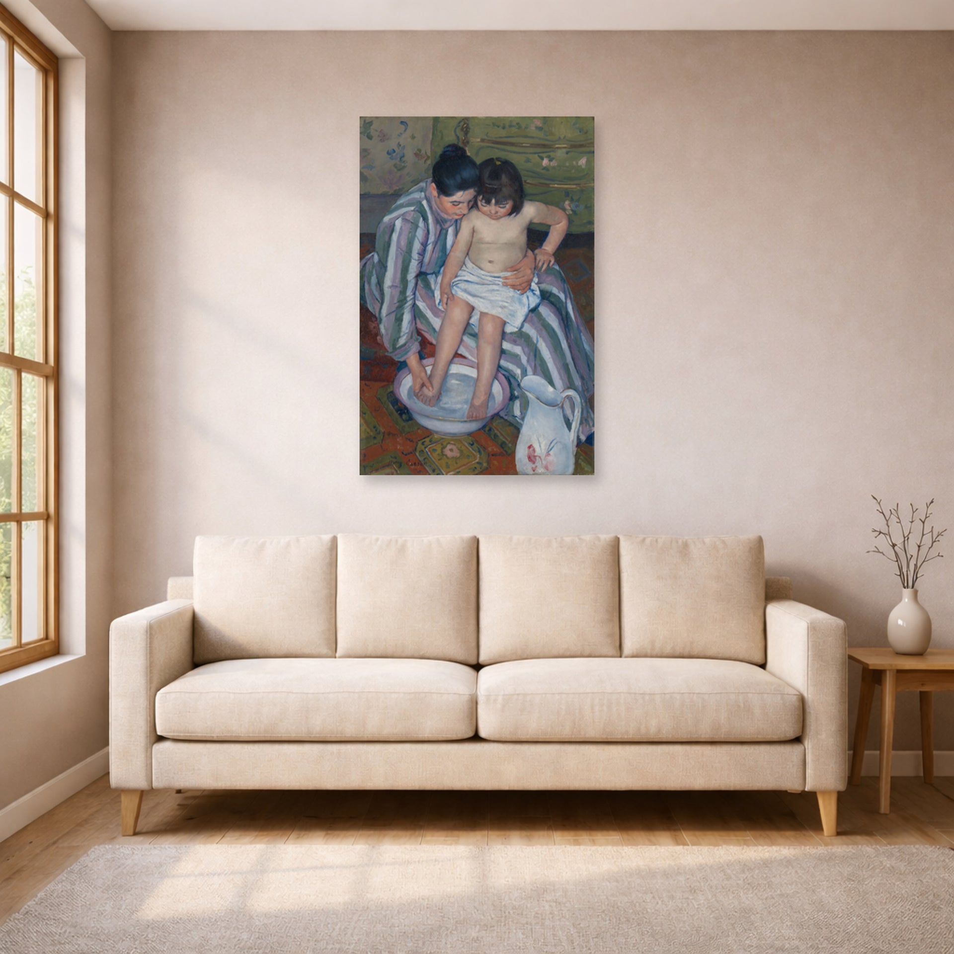 Unframed poster print of Mary Cassatt's The Childs Bath displayed on a wall in a living room