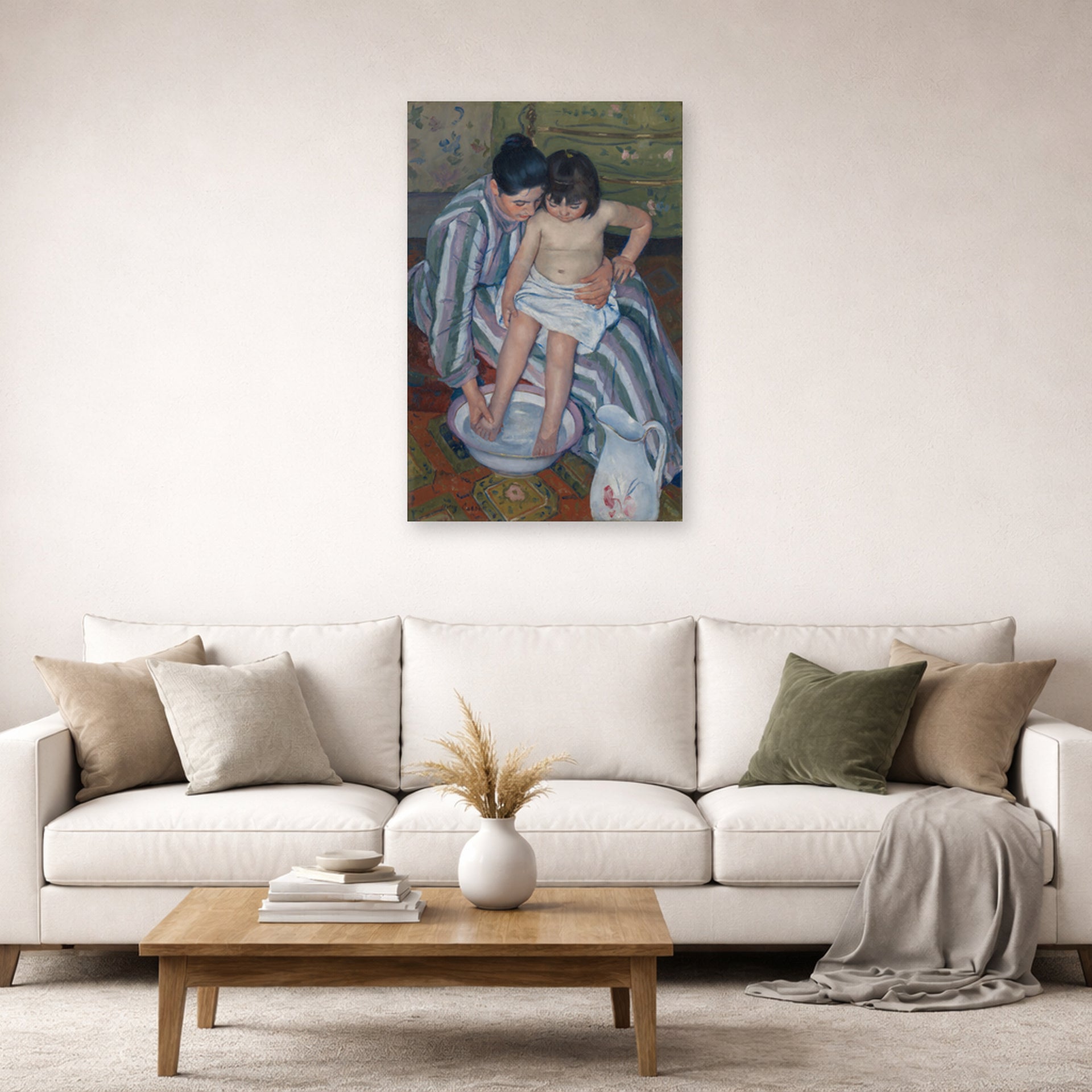 Unframed poster print of Mary Cassatt's The Childs Bath displayed on a wall in a living room
