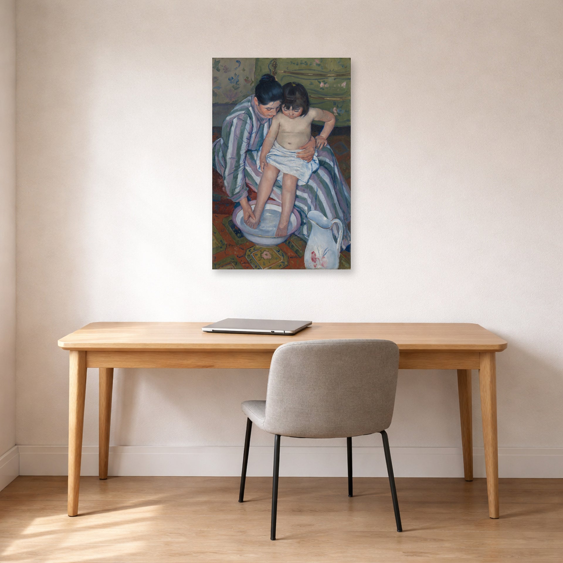 Unframed poster print of Mary Cassatt's The Childs Bath displayed on a wall in a office