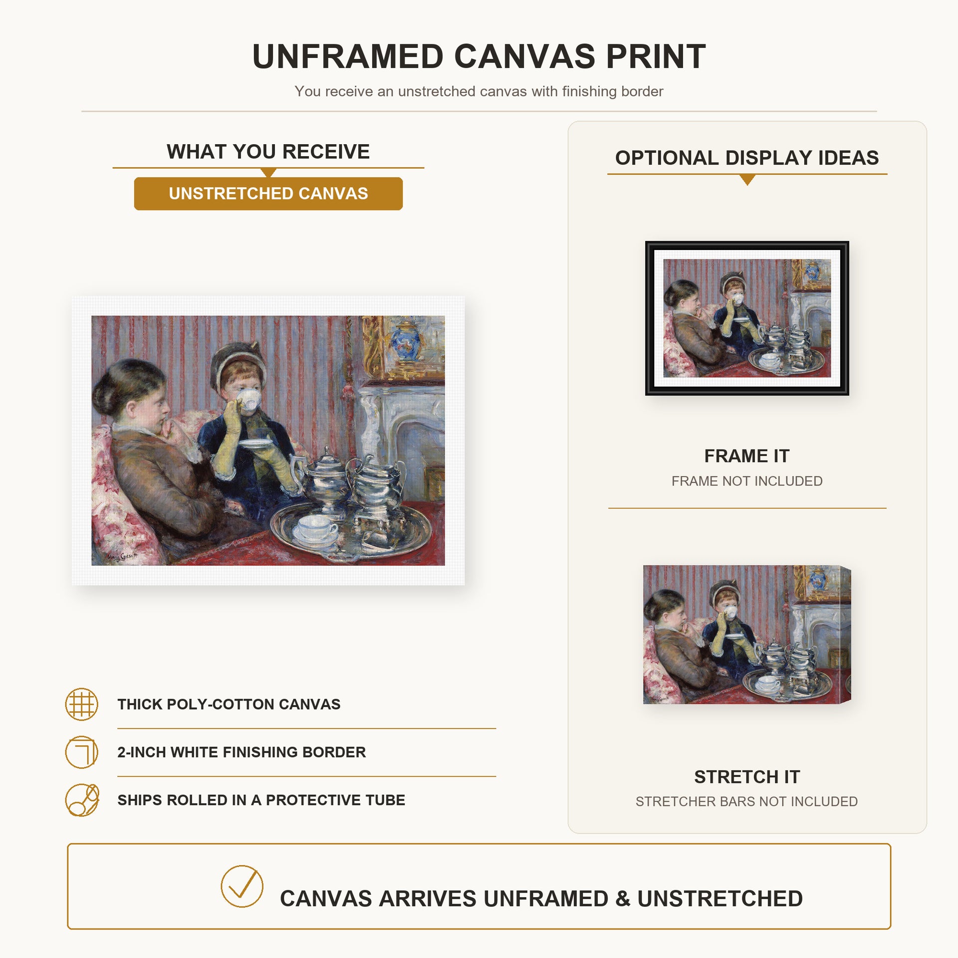 Mary Cassatt - The Tea canvas print size comparison and framing display infographic
