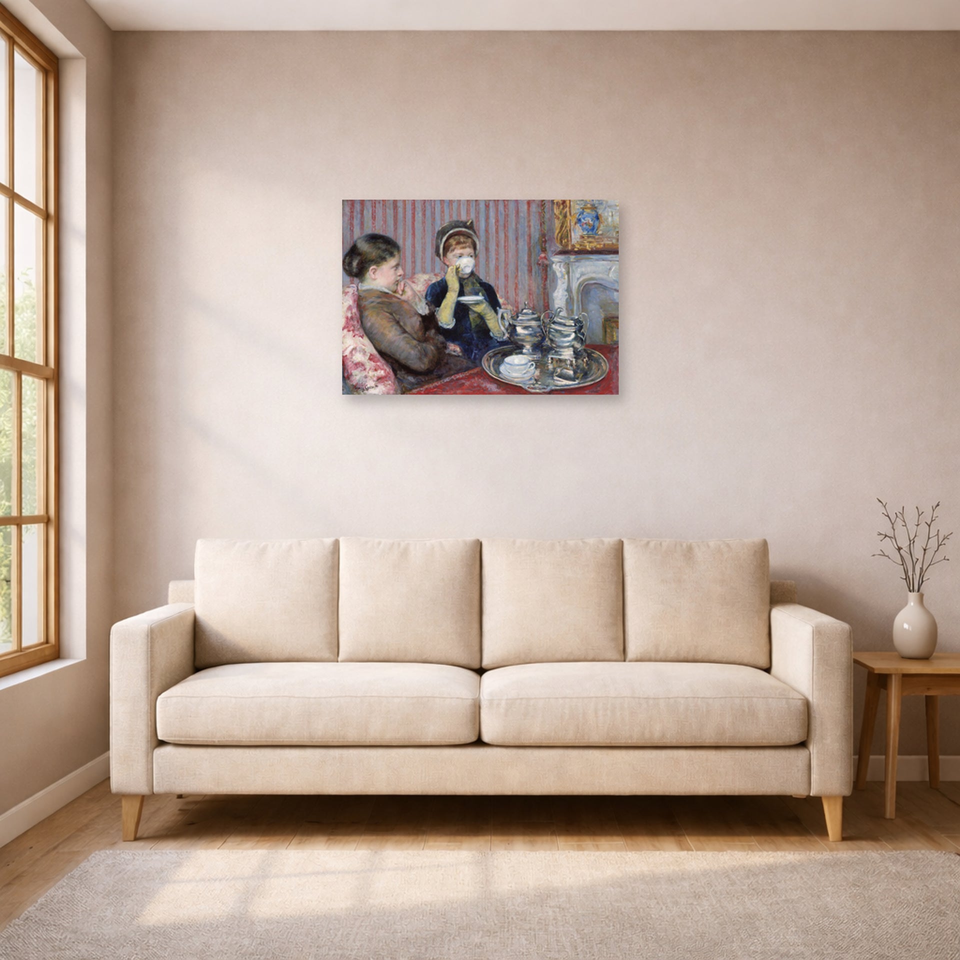 Unframed poster print of Mary Cassatt's The Tea displayed on a wall in a living room