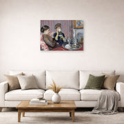 Unframed poster print of Mary Cassatt's The Tea displayed on a wall in a living room