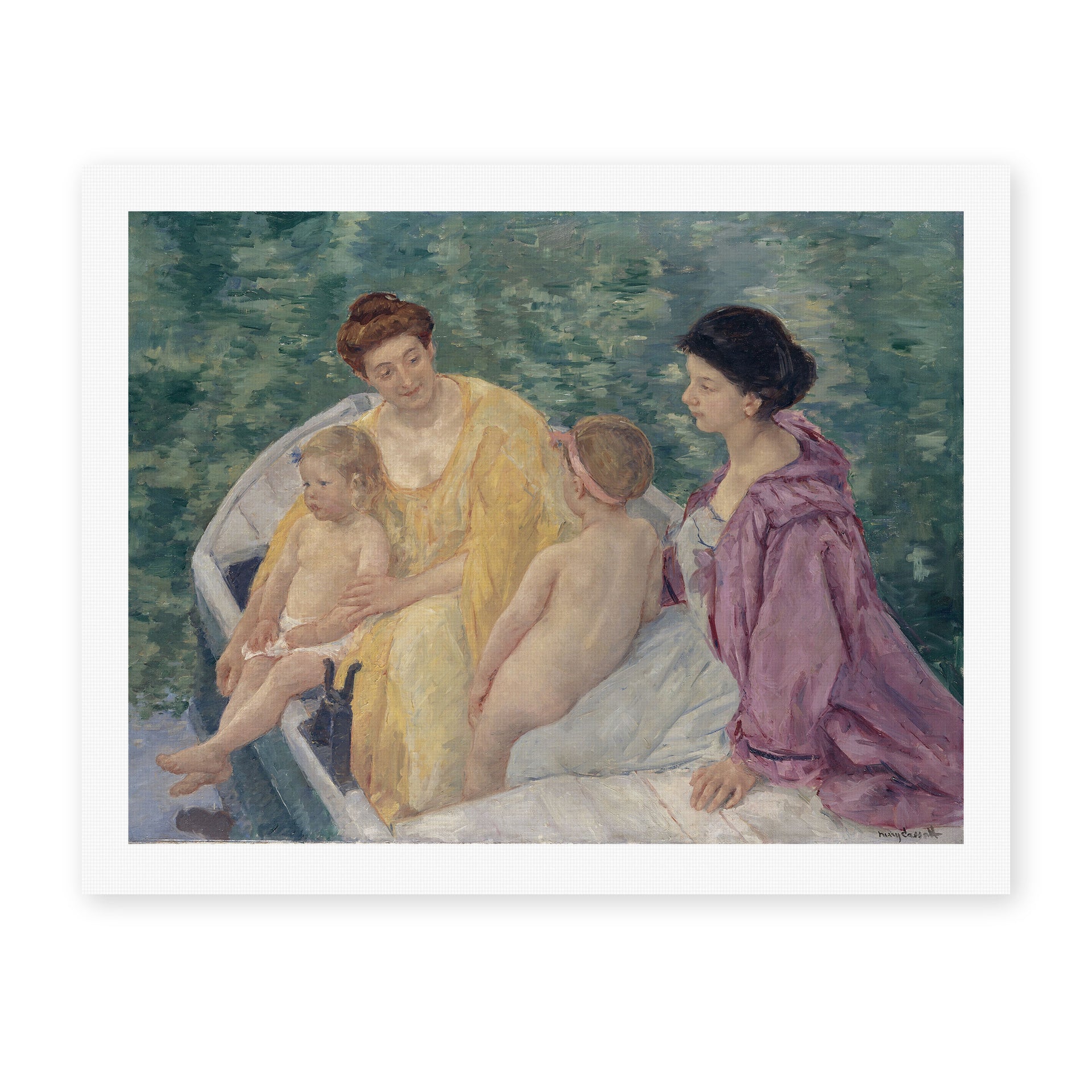 Mary Cassatt's 'Two Mothers and their Children in a Boat' painting reproduced as a rolled canvas print