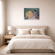 Gallery-wrapped canvas print of Mary Cassatt's Two Mothers and their Children in a Boat displayed on a wall in a bedroom