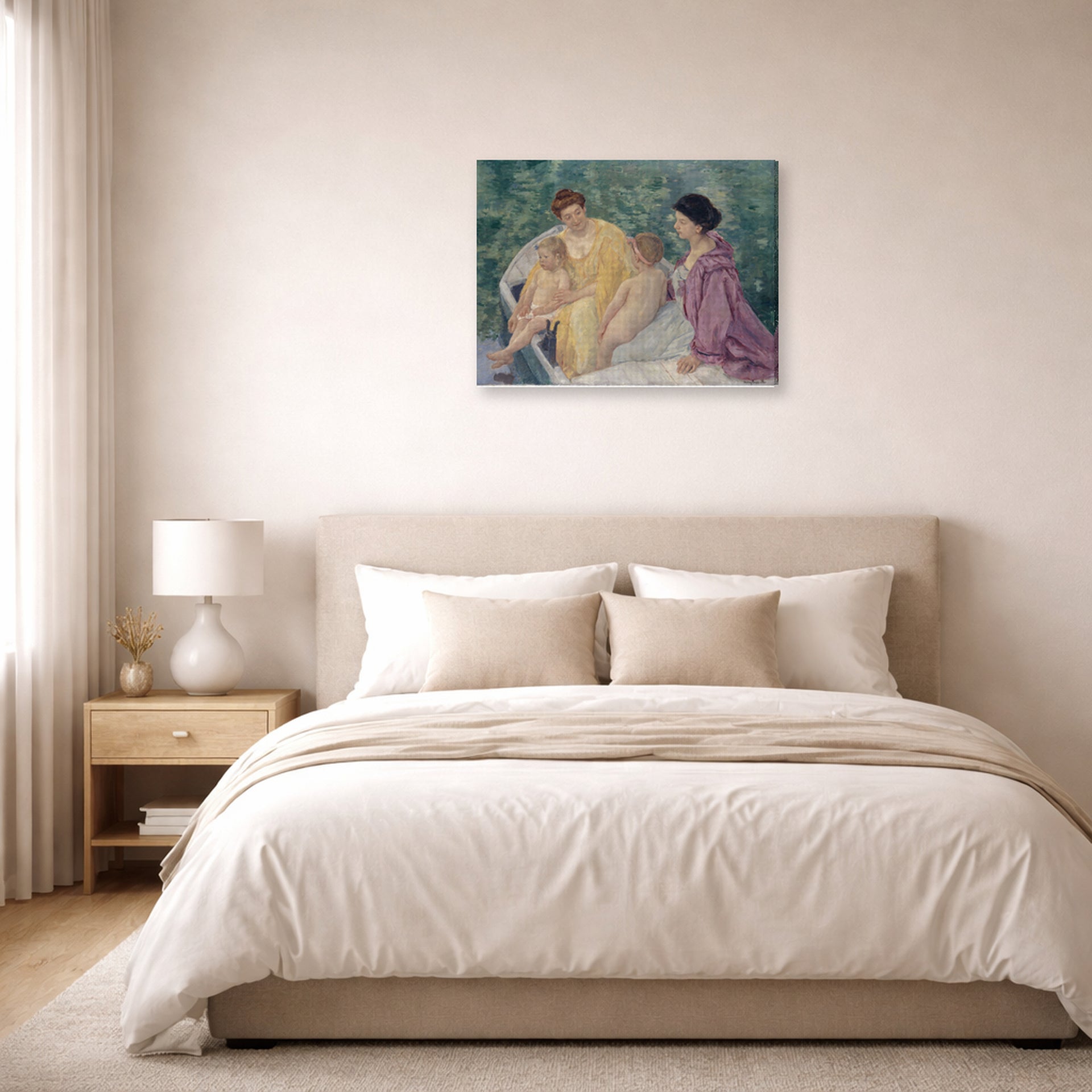 Gallery-wrapped canvas print of Mary Cassatt's Two Mothers and their Children in a Boat displayed on a wall in a bedroom