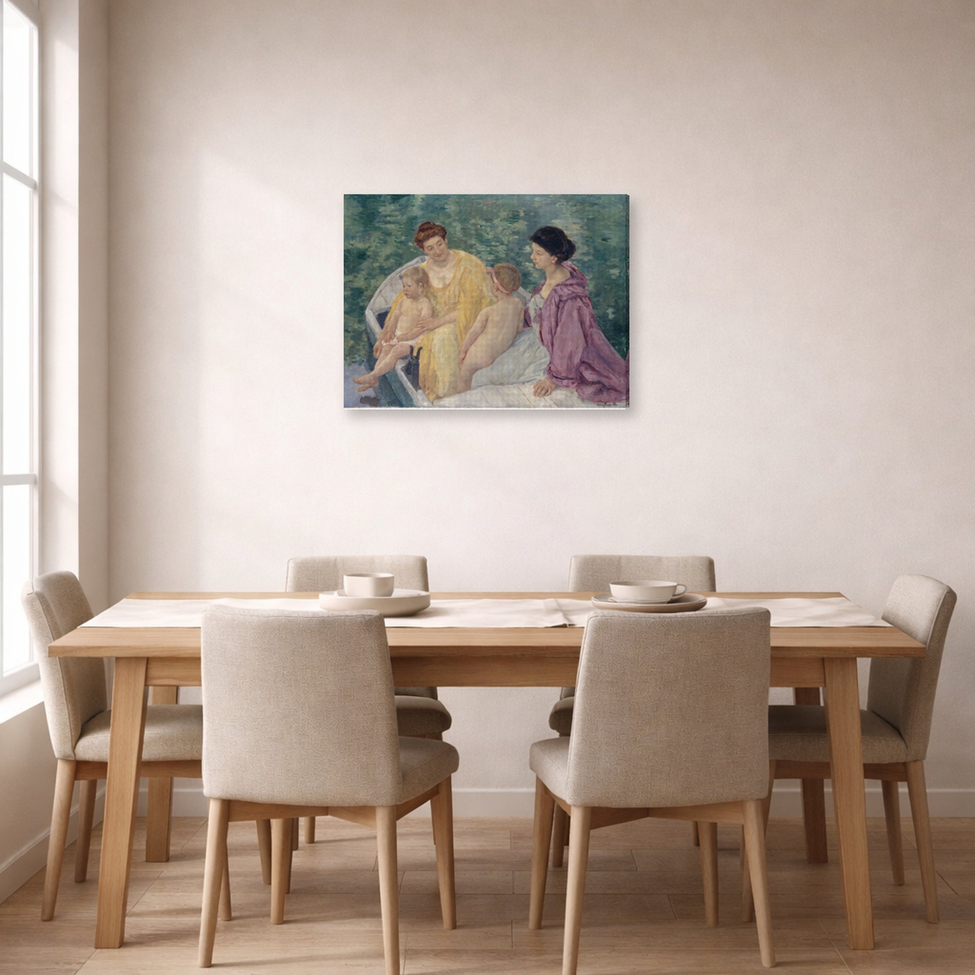 Gallery-wrapped canvas print of Mary Cassatt's Two Mothers and their Children in a Boat displayed on a wall in a dining room