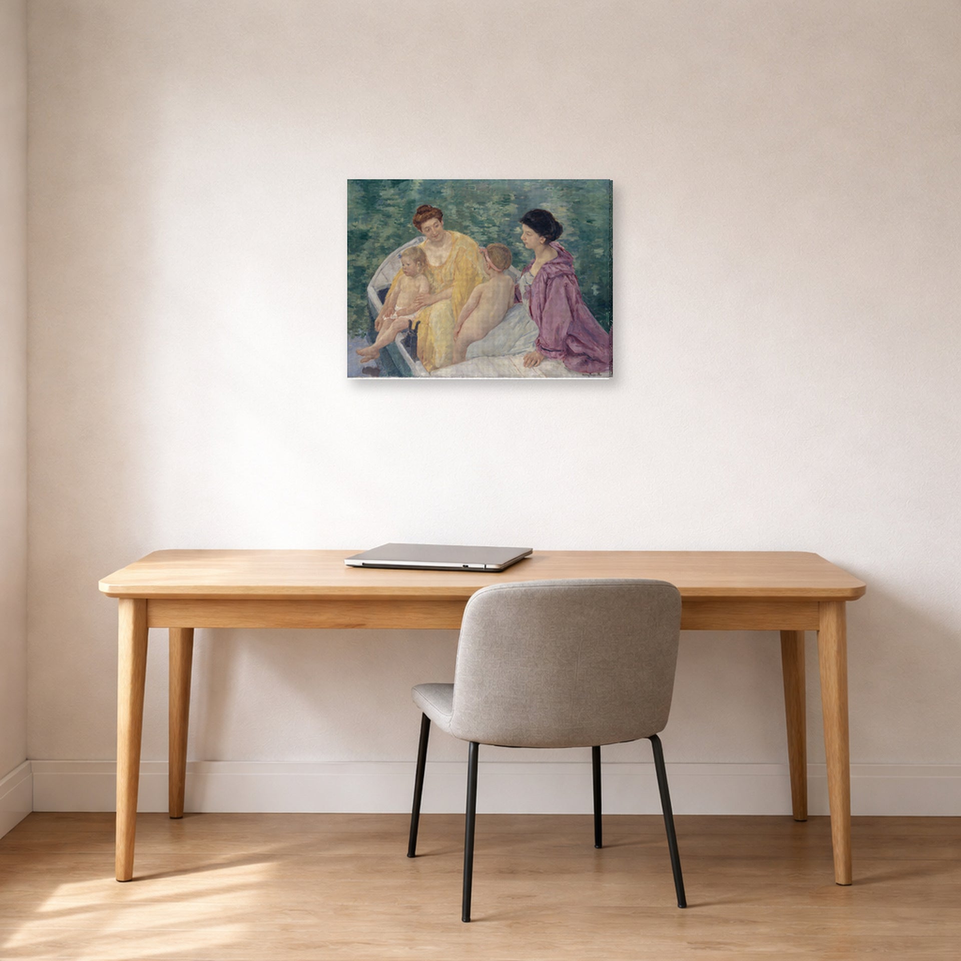 Gallery-wrapped canvas print of Mary Cassatt's Two Mothers and their Children in a Boat displayed on a wall in a office