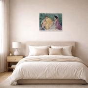 Unframed poster print of Mary Cassatt's Two Mothers and their Children in a Boat displayed on a wall in a bedroom
