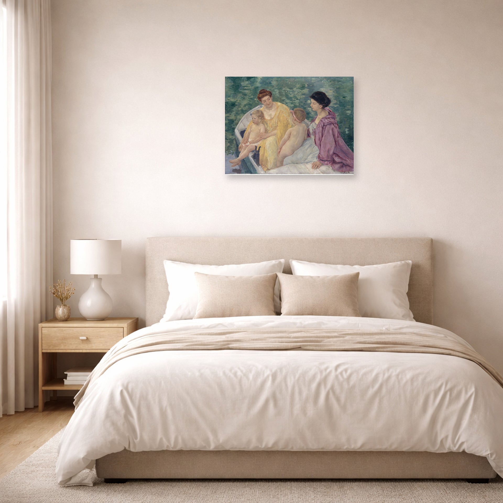 Unframed poster print of Mary Cassatt's Two Mothers and their Children in a Boat displayed on a wall in a bedroom