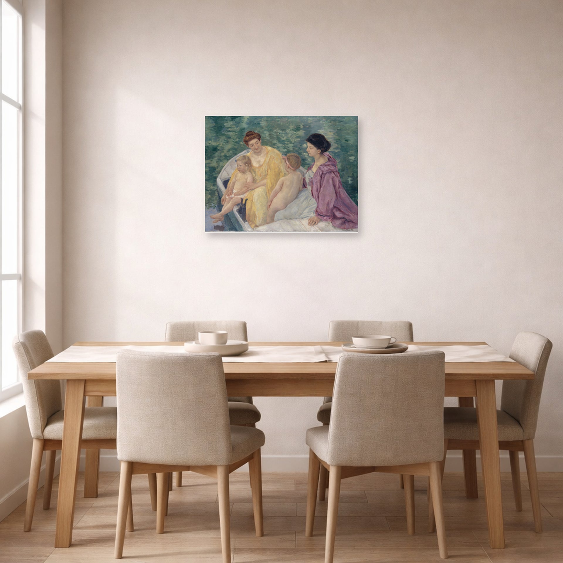 Unframed poster print of Mary Cassatt's Two Mothers and their Children in a Boat displayed on a wall in a dining room