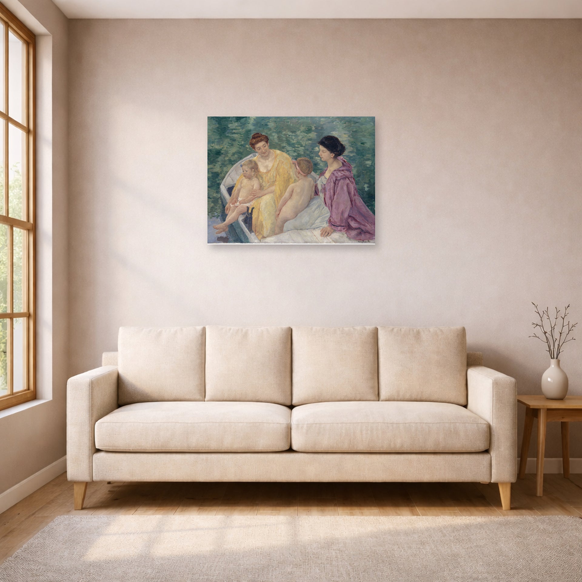 Unframed poster print of Mary Cassatt's Two Mothers and their Children in a Boat displayed on a wall in a living room