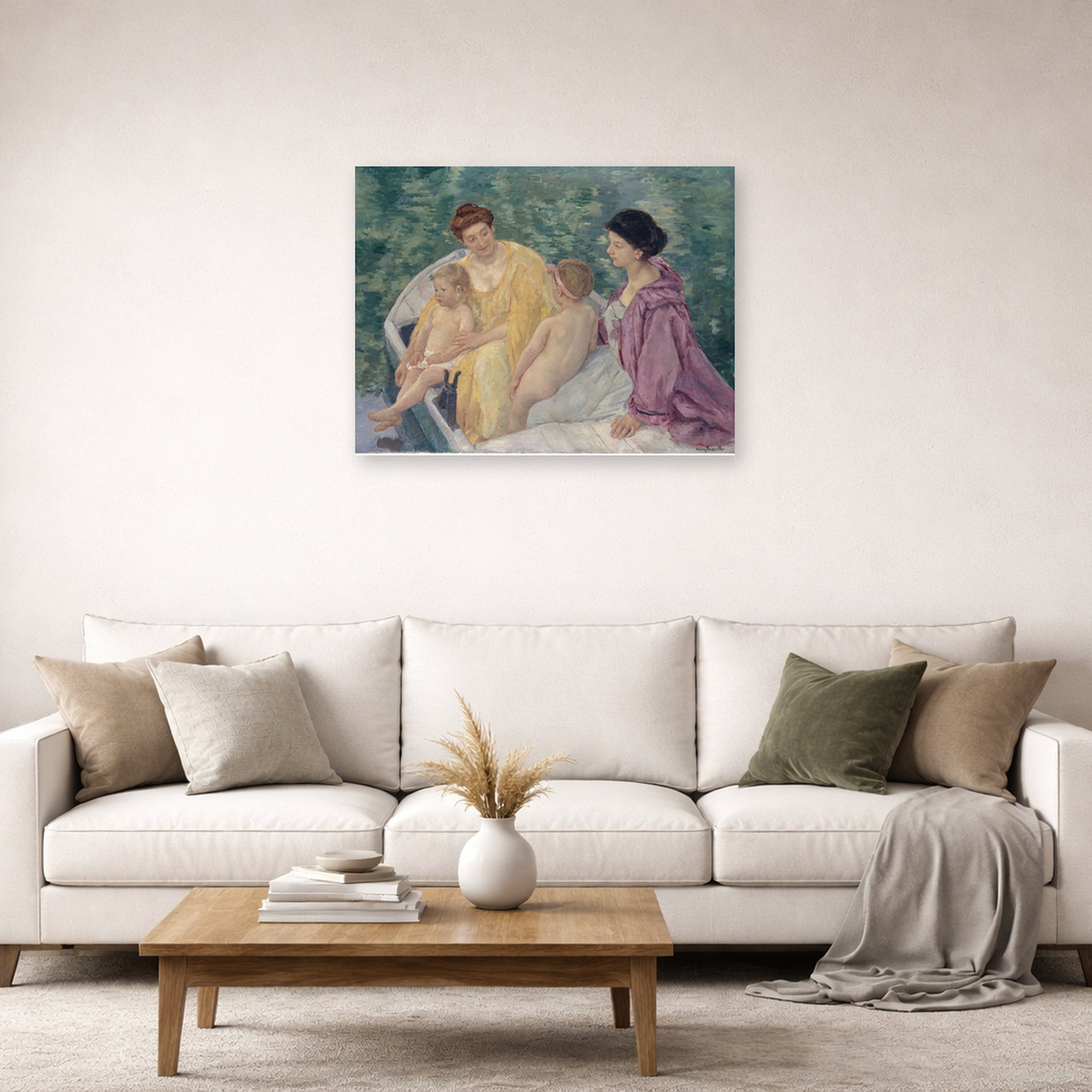 Unframed poster print of Mary Cassatt's Two Mothers and their Children in a Boat displayed on a wall in a living room