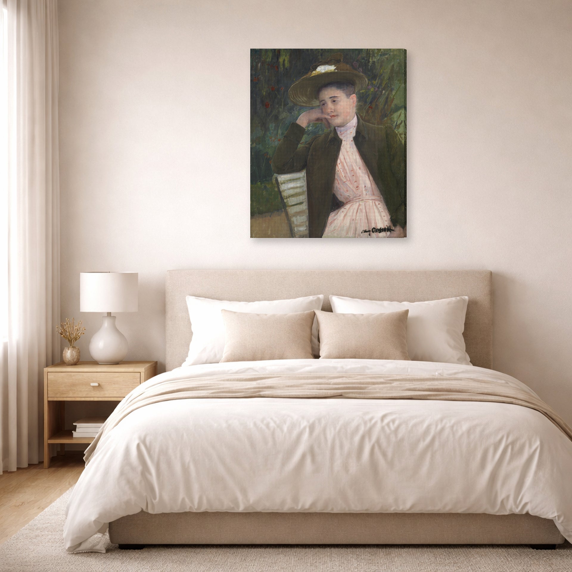 Gallery-wrapped canvas print of Mary Cassatt's Young Girl with a Brown Hat displayed on a wall in a bedroom