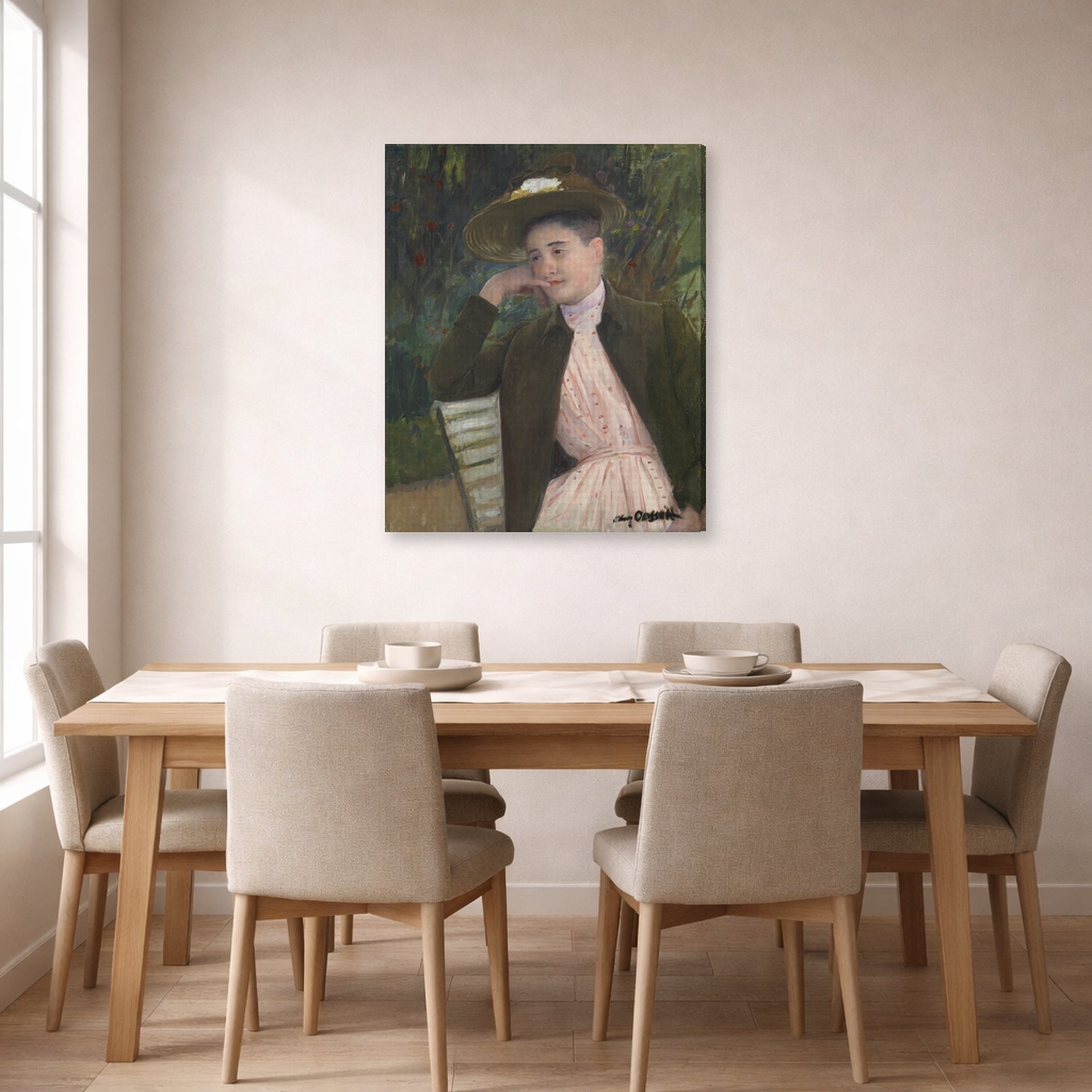Gallery-wrapped canvas print of Mary Cassatt's Young Girl with a Brown Hat displayed on a wall in a dining room
