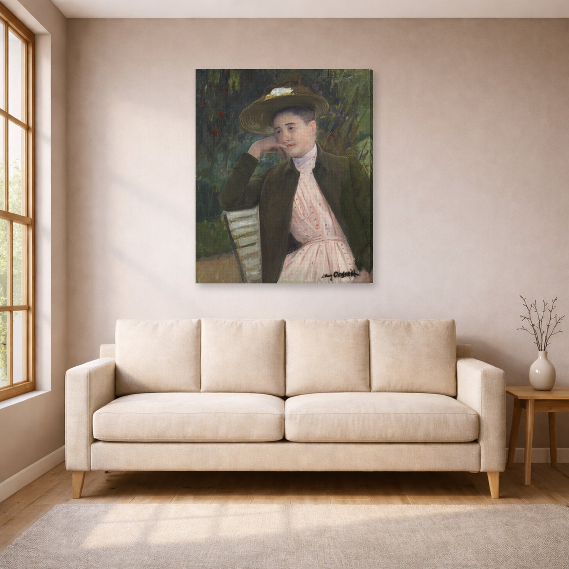 Gallery-wrapped canvas print of Mary Cassatt's Young Girl with a Brown Hat displayed on a wall in a living room