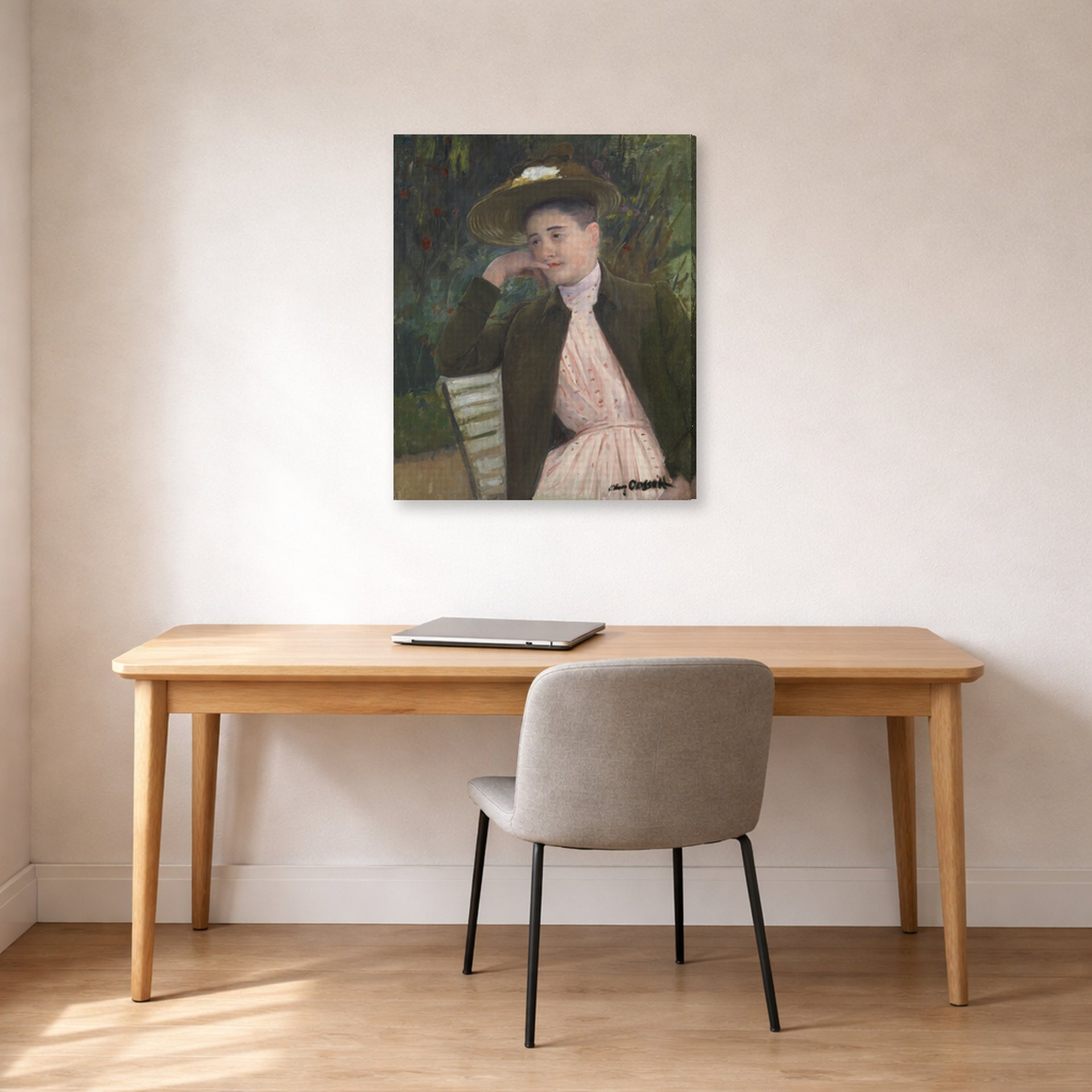Gallery-wrapped canvas print of Mary Cassatt's Young Girl with a Brown Hat displayed on a wall in a office