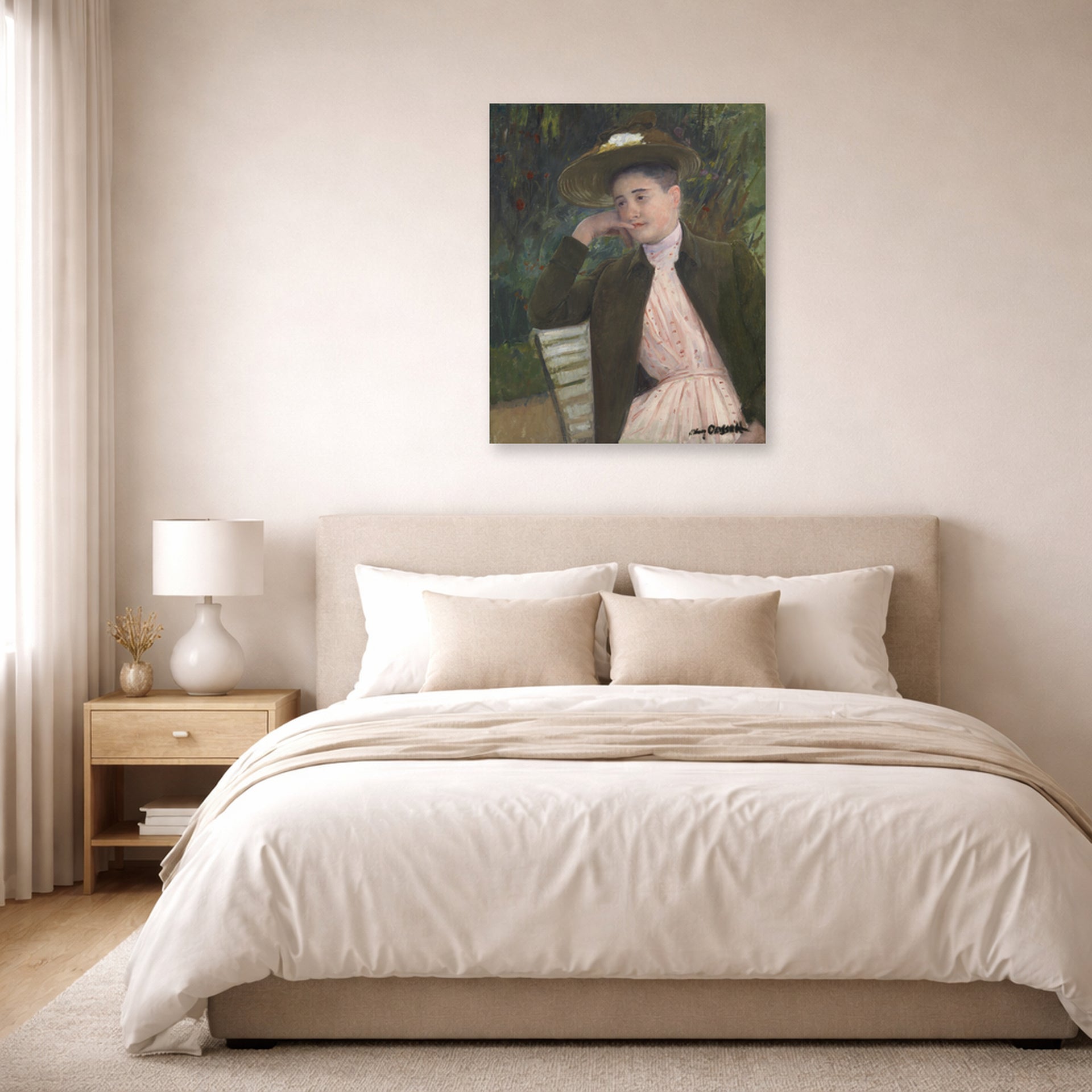 Unframed poster print of Mary Cassatt's Young Girl with a Brown Hat displayed on a wall in a bedroom