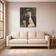 Unframed poster print of Mary Cassatt's Young Girl with a Brown Hat displayed on a wall in a living room