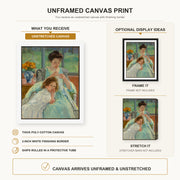 Mary Cassatt - Young Mother Sewing canvas print size comparison and framing display infographic