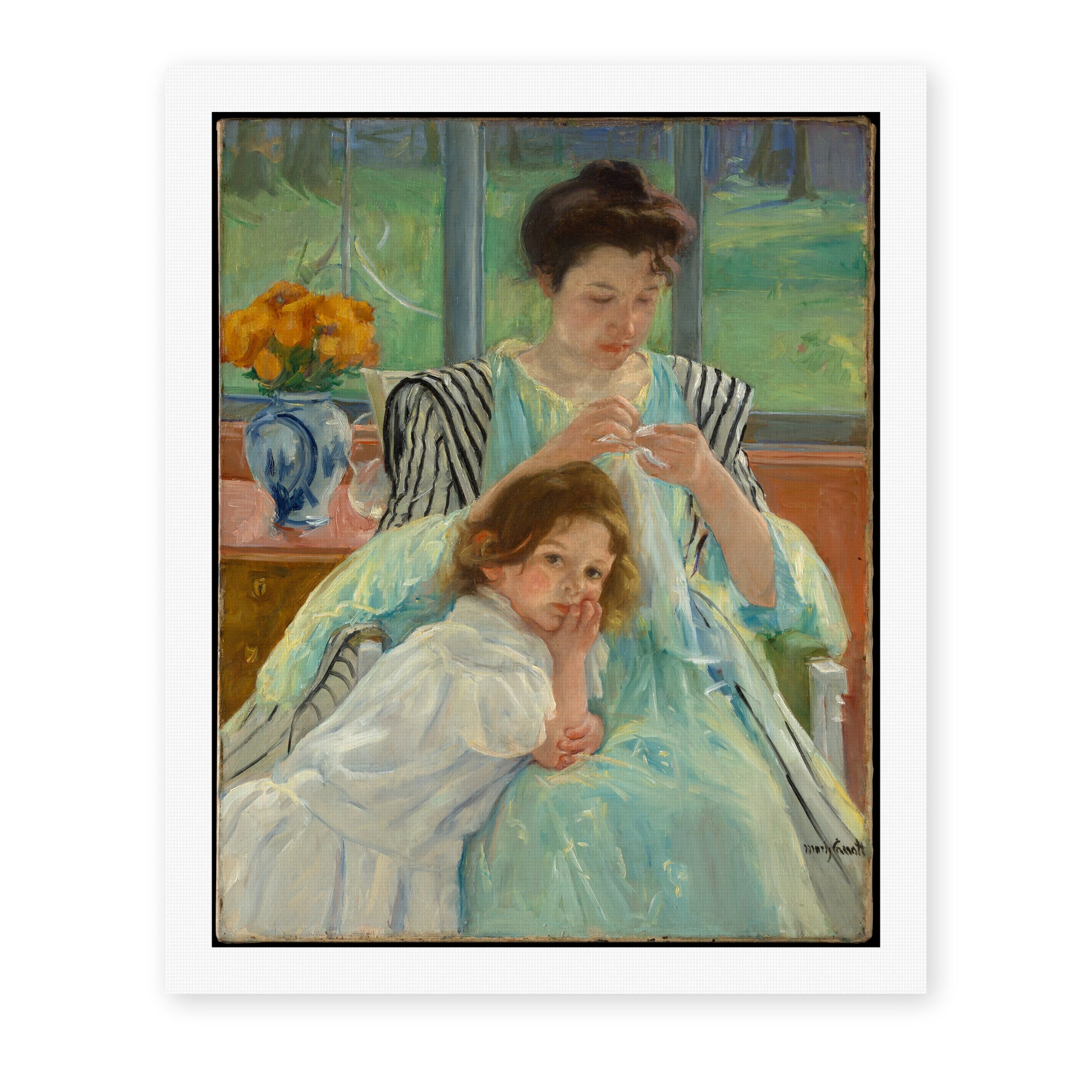 Mary Cassatt's 'Young Mother Sewing' painting reproduced as a rolled canvas print