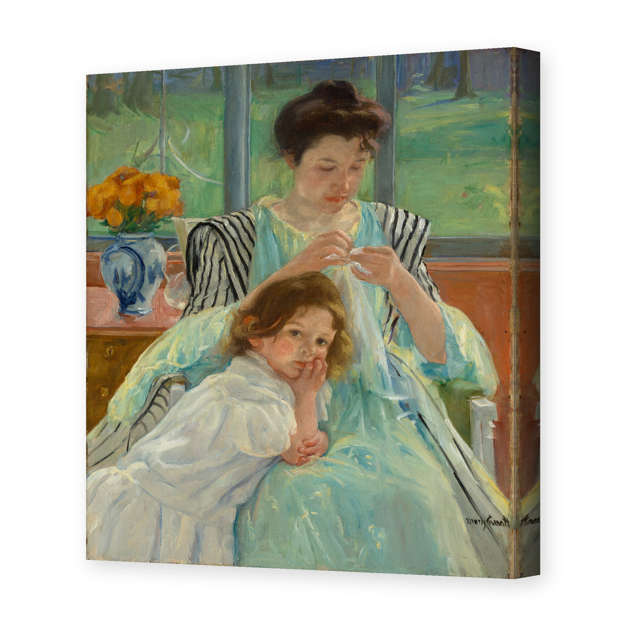 Mary Cassatt's 'Young Mother Sewing' painting reproduced as a gallery-wrapped canvas print