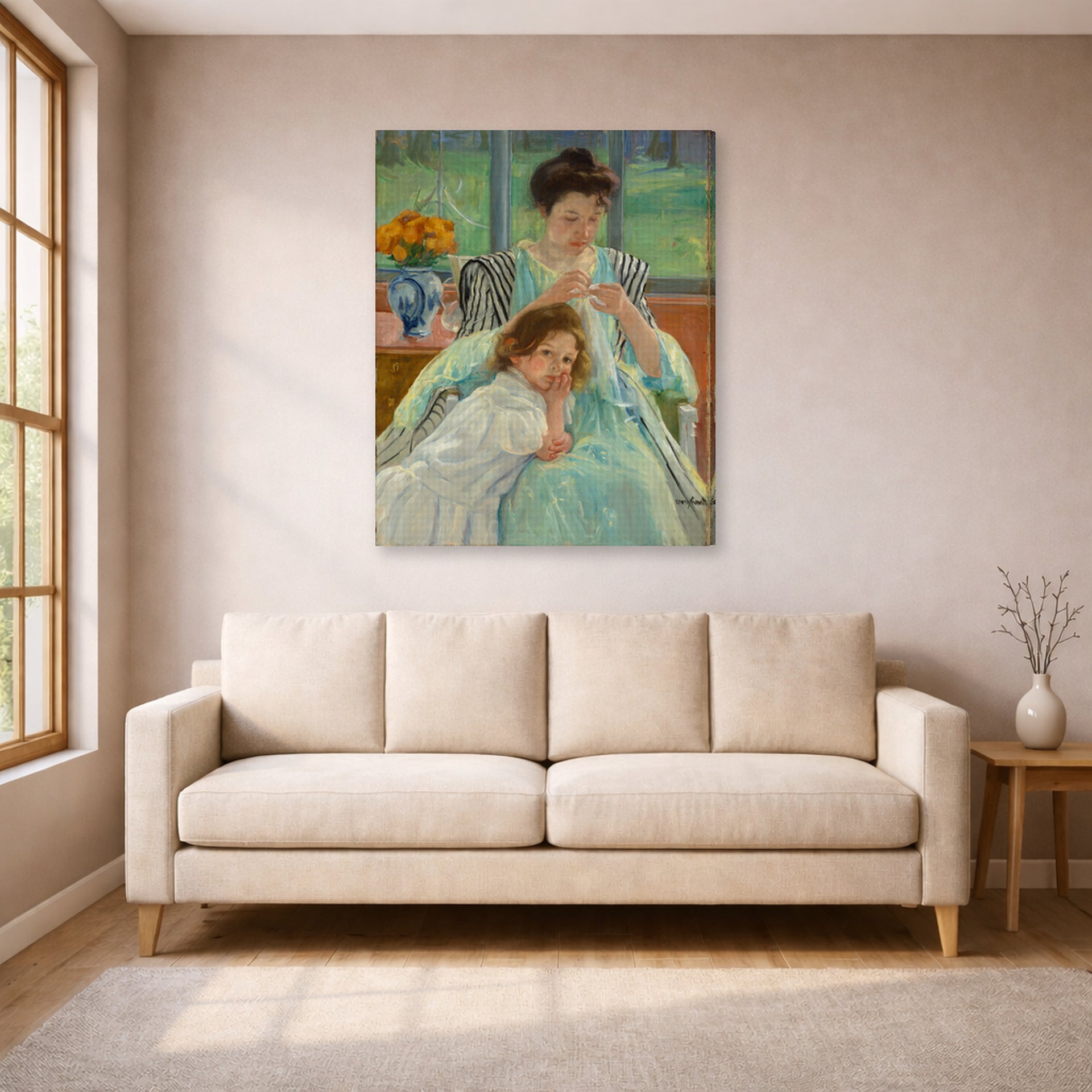 Gallery-wrapped canvas print of Mary Cassatt's Young Mother Sewing displayed on a wall in a living room