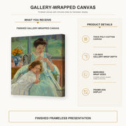 Mary Cassatt - Young Mother Sewing gallery wrap canvas construction and hanging details infographic