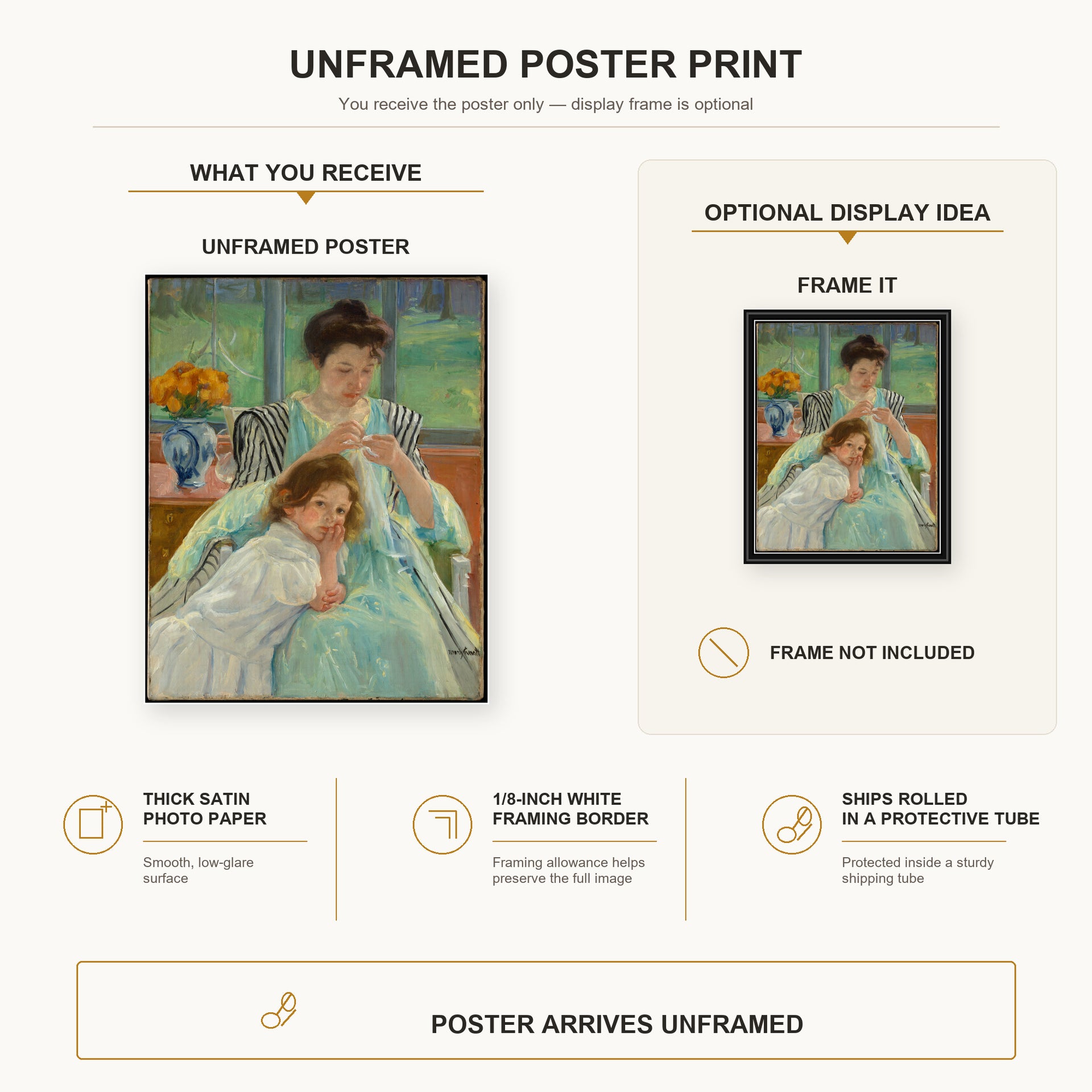 Mary Cassatt - Young Mother Sewing poster print size comparison and framing display infographic