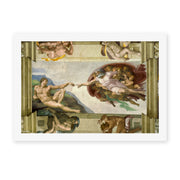 Michelangelo's 'Creation of Adam' painting reproduced as a rolled canvas print, part of the Sistine Chapel ceiling, one of the most reproduced images in Western art