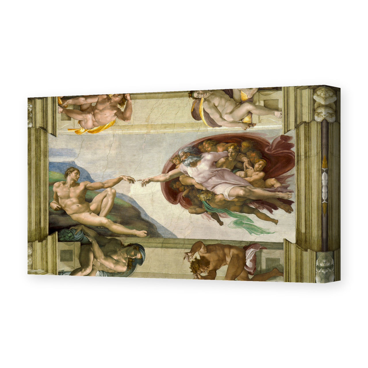 Michelangelo's 'Creation of Adam' painting reproduced as a gallery-wrapped canvas print, part of the Sistine Chapel ceiling, one of the most reproduced images in Western art