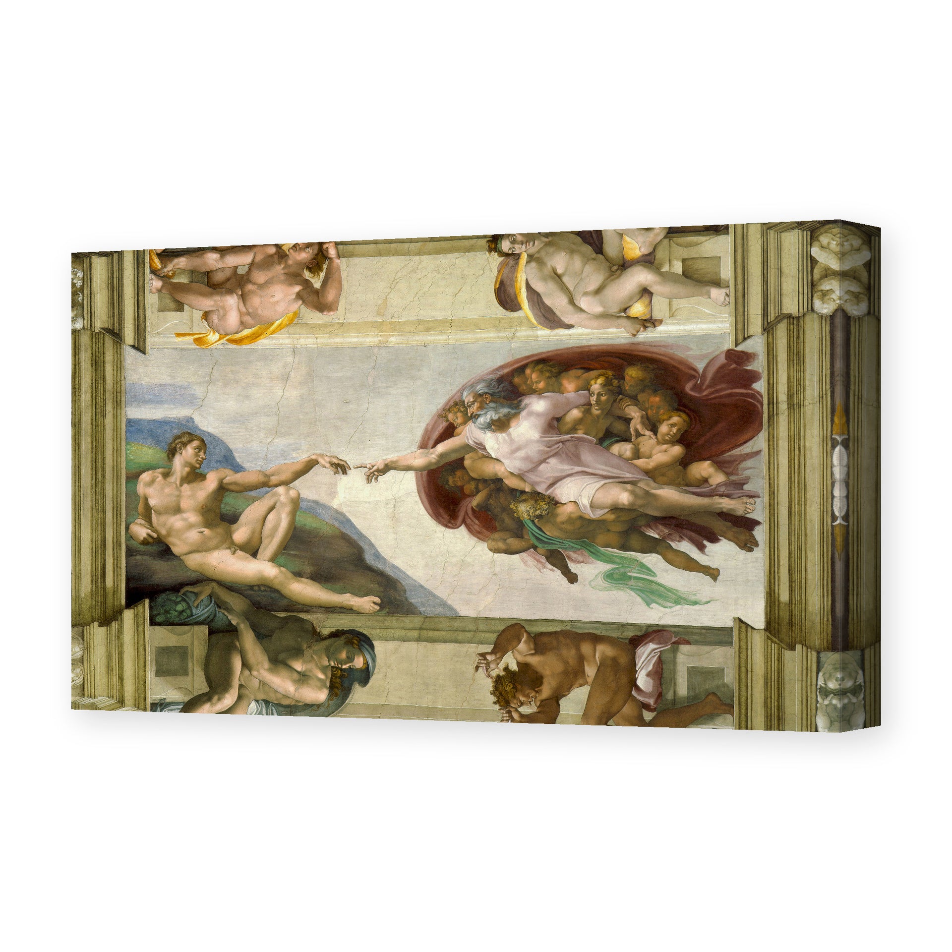 Michelangelo's 'Creation of Adam' painting reproduced as a gallery-wrapped canvas print, part of the Sistine Chapel ceiling, one of the most reproduced images in Western art